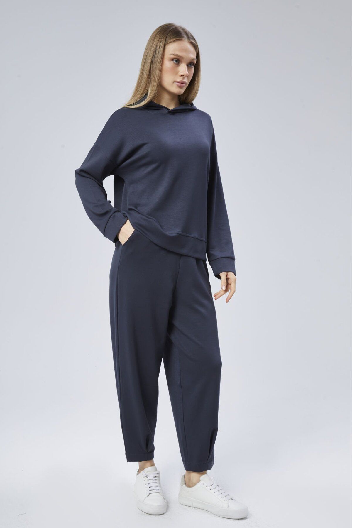 soBasic-Modal Fabric Hooded Elastic Waist Shalwar Tracksuit Set - Navy Blue 2