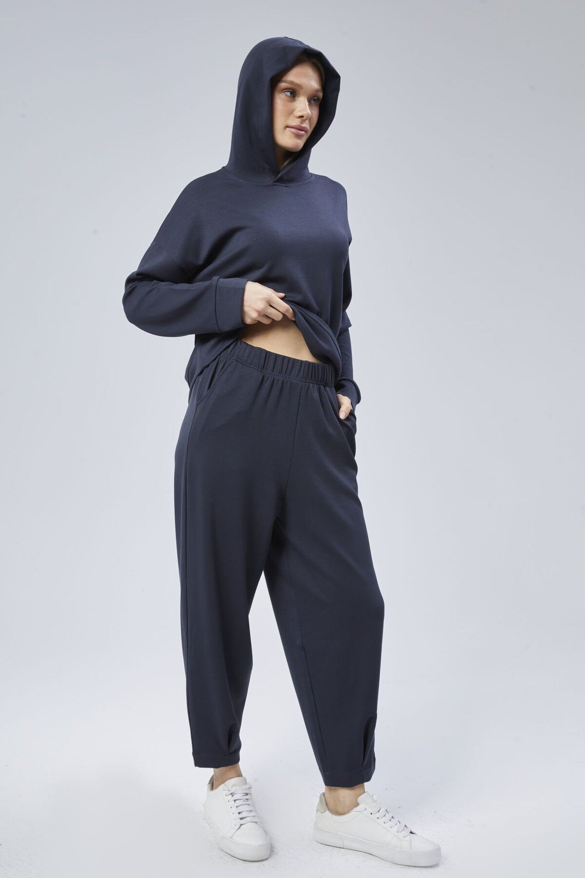 soBasic-Modal Fabric Hooded Elastic Waist Shalwar Tracksuit Set - Navy Blue 6