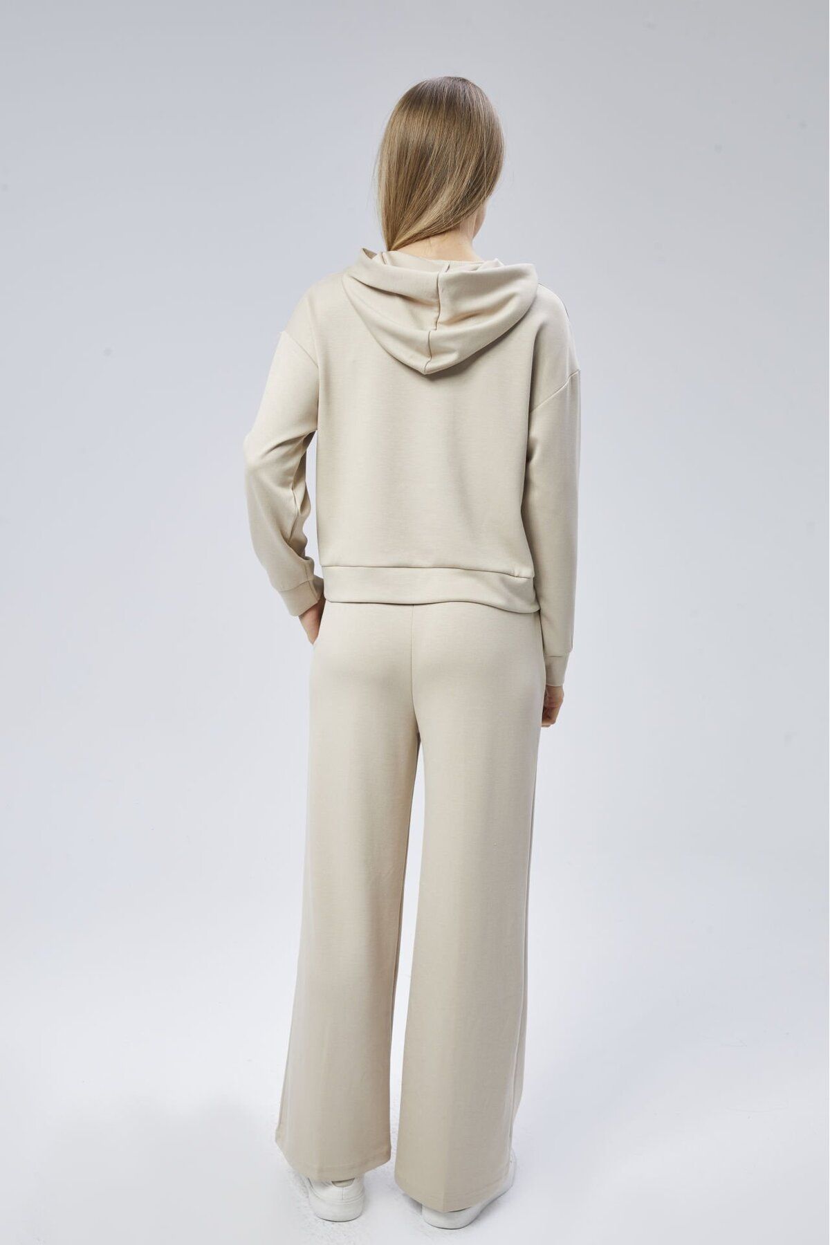 soBasic-Beige Color - Wide Leg Tracksuit Set with Modal Fabric, Kangaroo Pockets and Hood-Xl 7