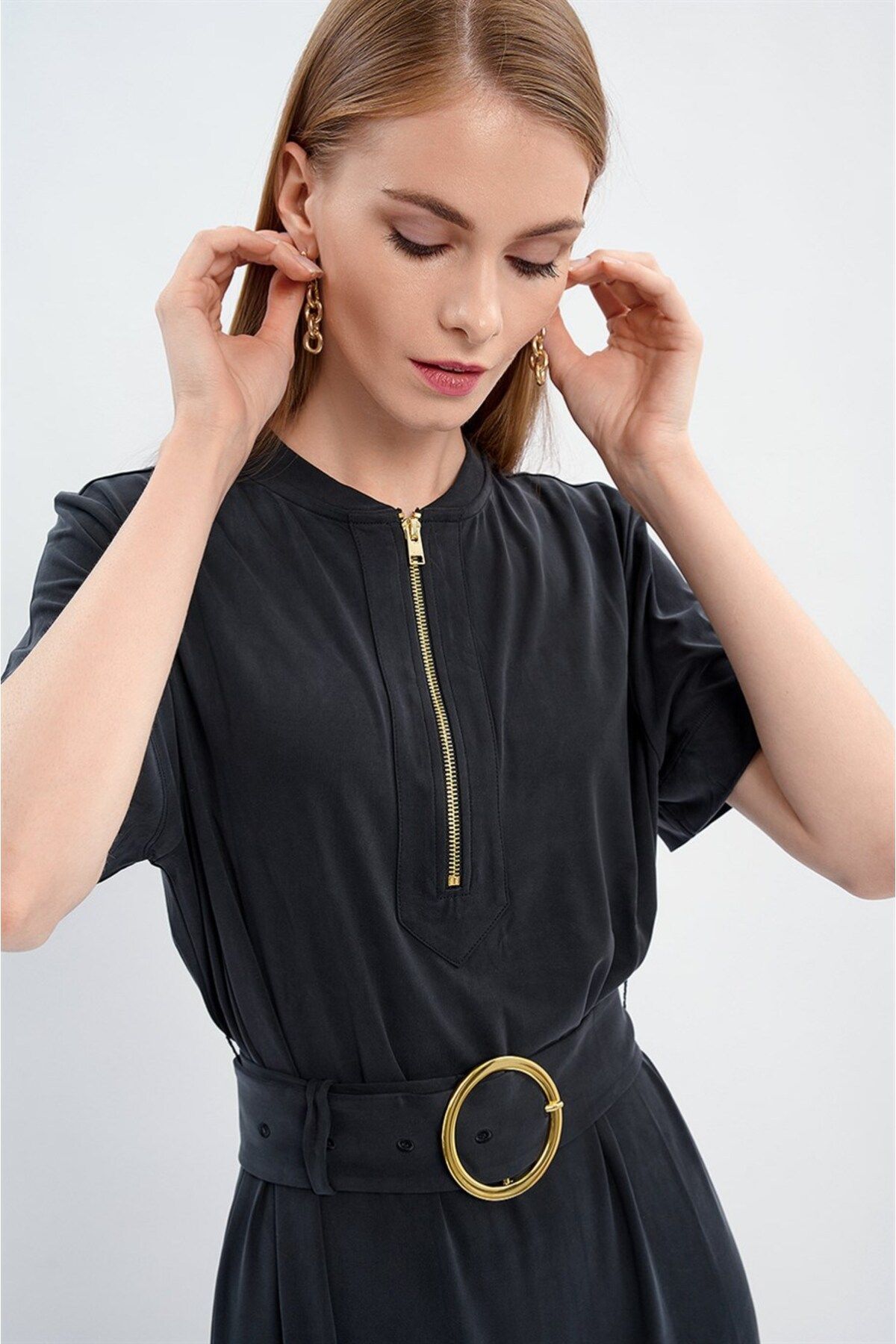 Escada-Sport Belted Short Sleeve Midi Length Black Dress 3