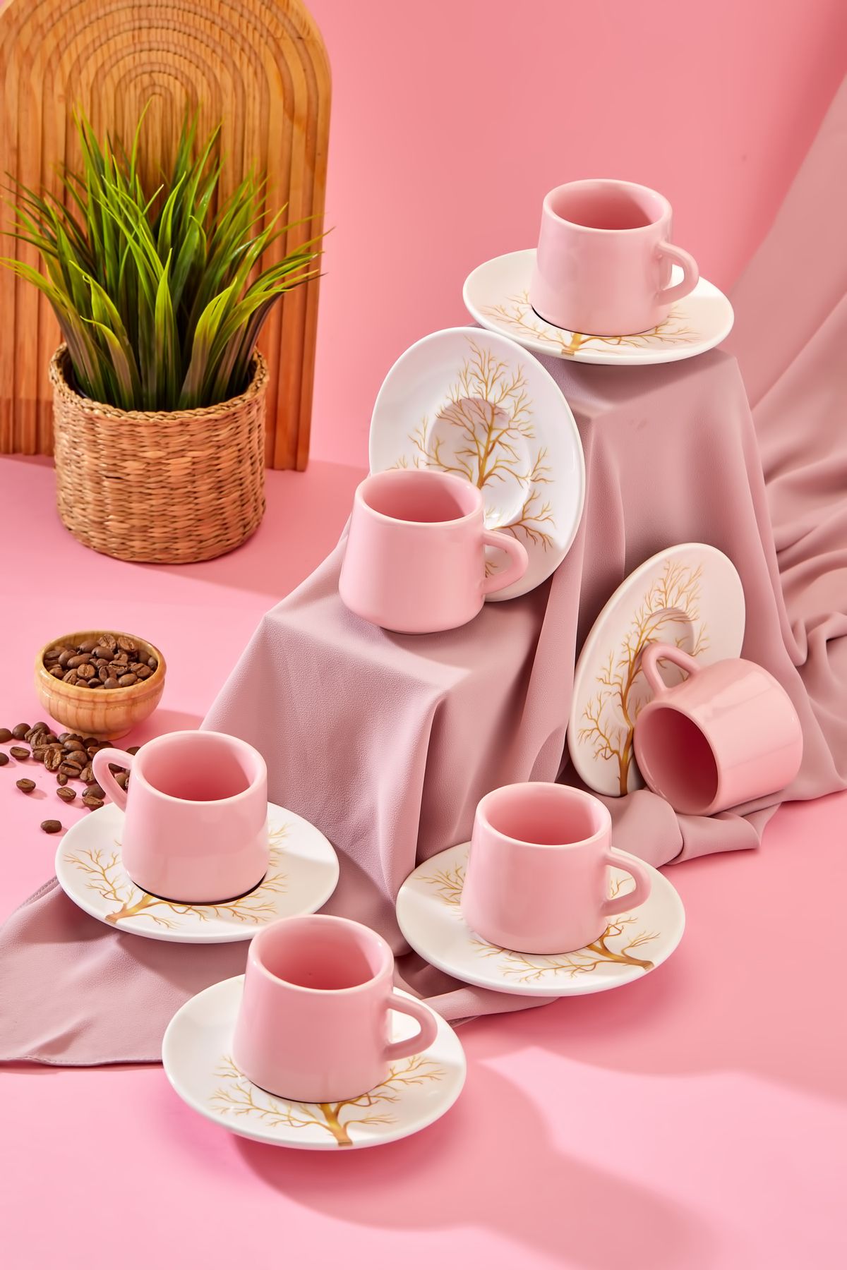 Babion-Pearl Linden 12-Piece Luxury Ceramic 6-Person Pink Coffee Cup Set, Turkish Coffee Cup 1