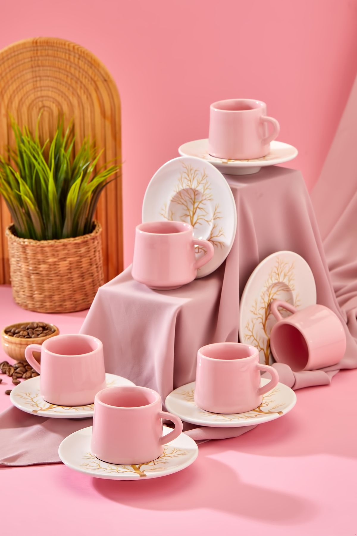 Babion-Pearl Linden 12-Piece Luxury Ceramic 6-Person Pink Coffee Cup Set, Turkish Coffee Cup 5