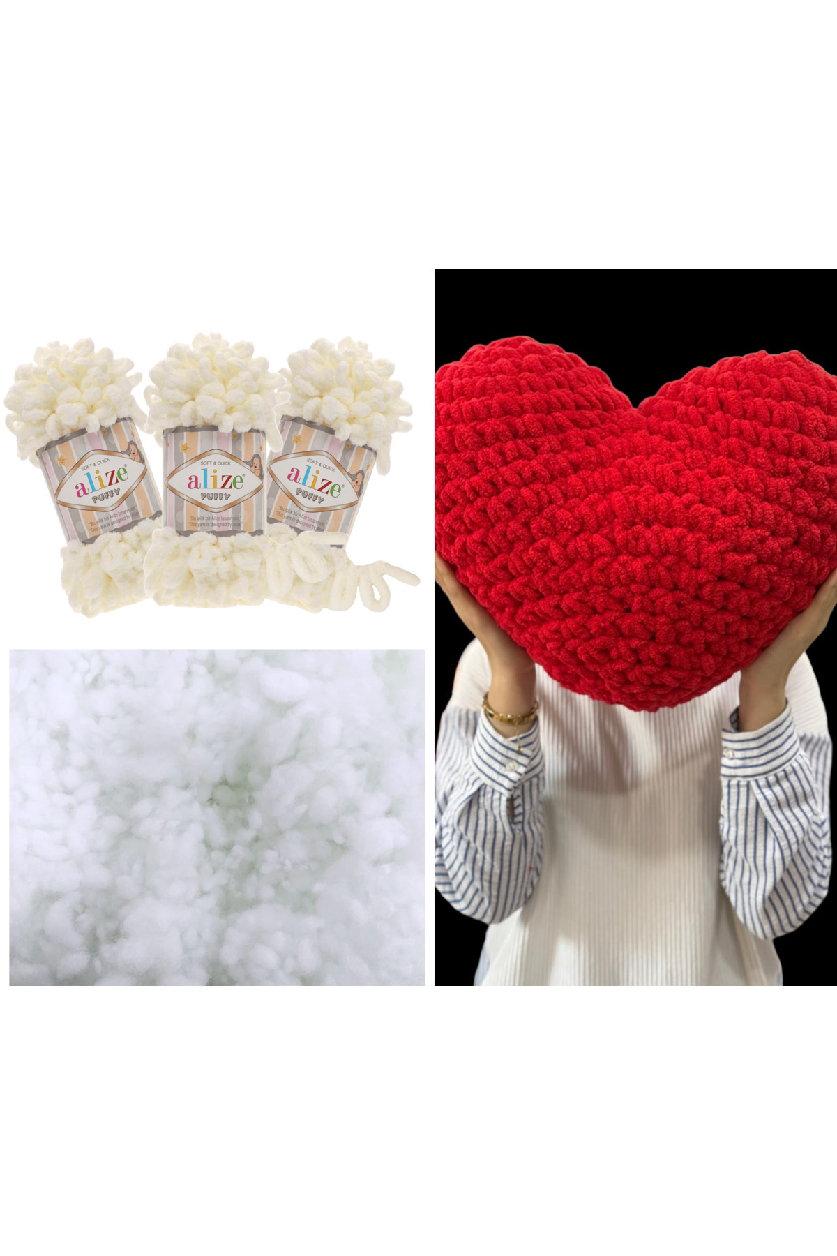 Alize-Heart Pillow Puffy Material 3 Puffy and 400 Gr. Bead Fiber Set 1