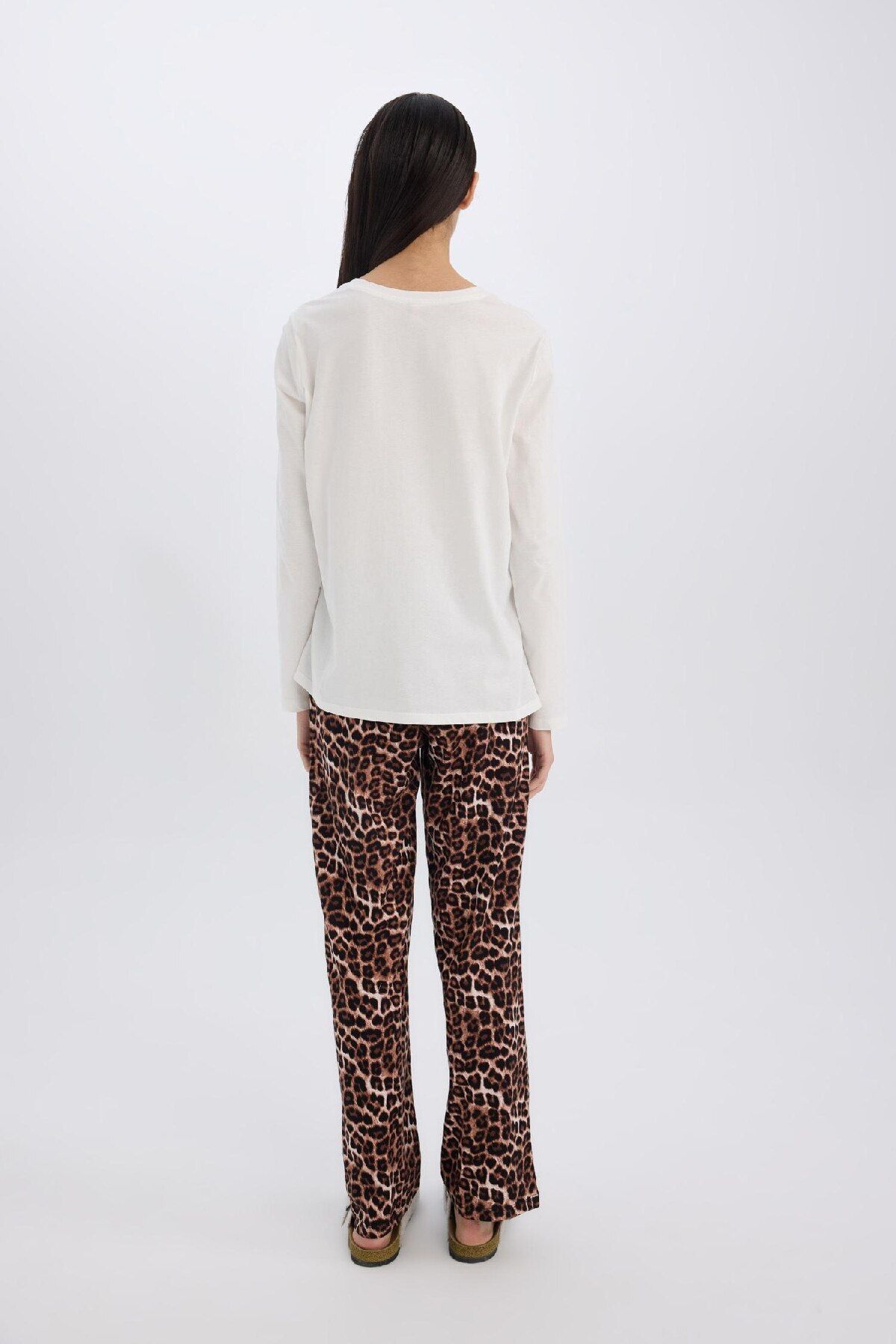 DeFacto-Leopard Print Stretchy Pajamas Set for Fall in Love - Long Sleeve and Waist E2894Ax 6