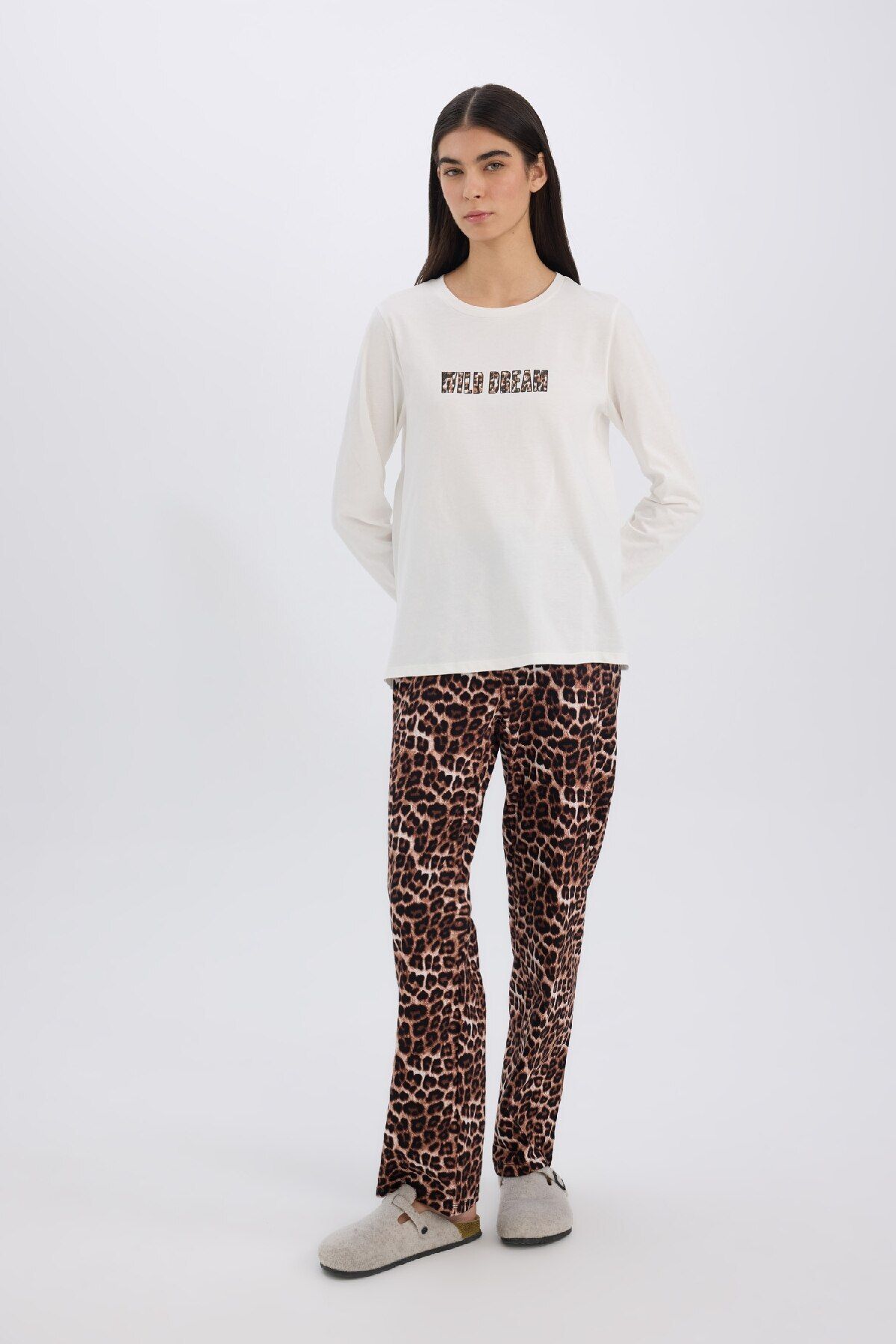 DeFacto-Leopard Print Stretchy Pajamas Set for Fall in Love - Long Sleeve and Waist E2894Ax 1