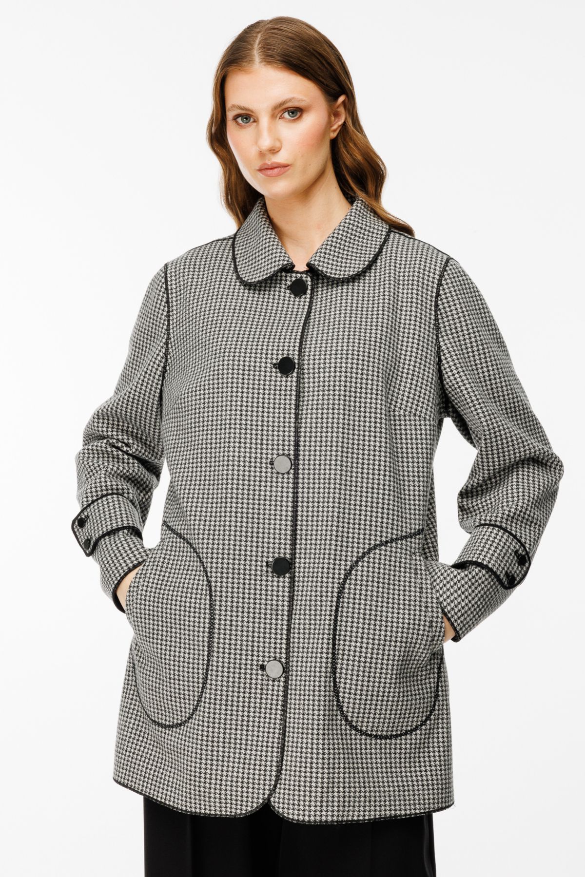 Ekol-Houndstooth Patterned Baby Collar Coat 1