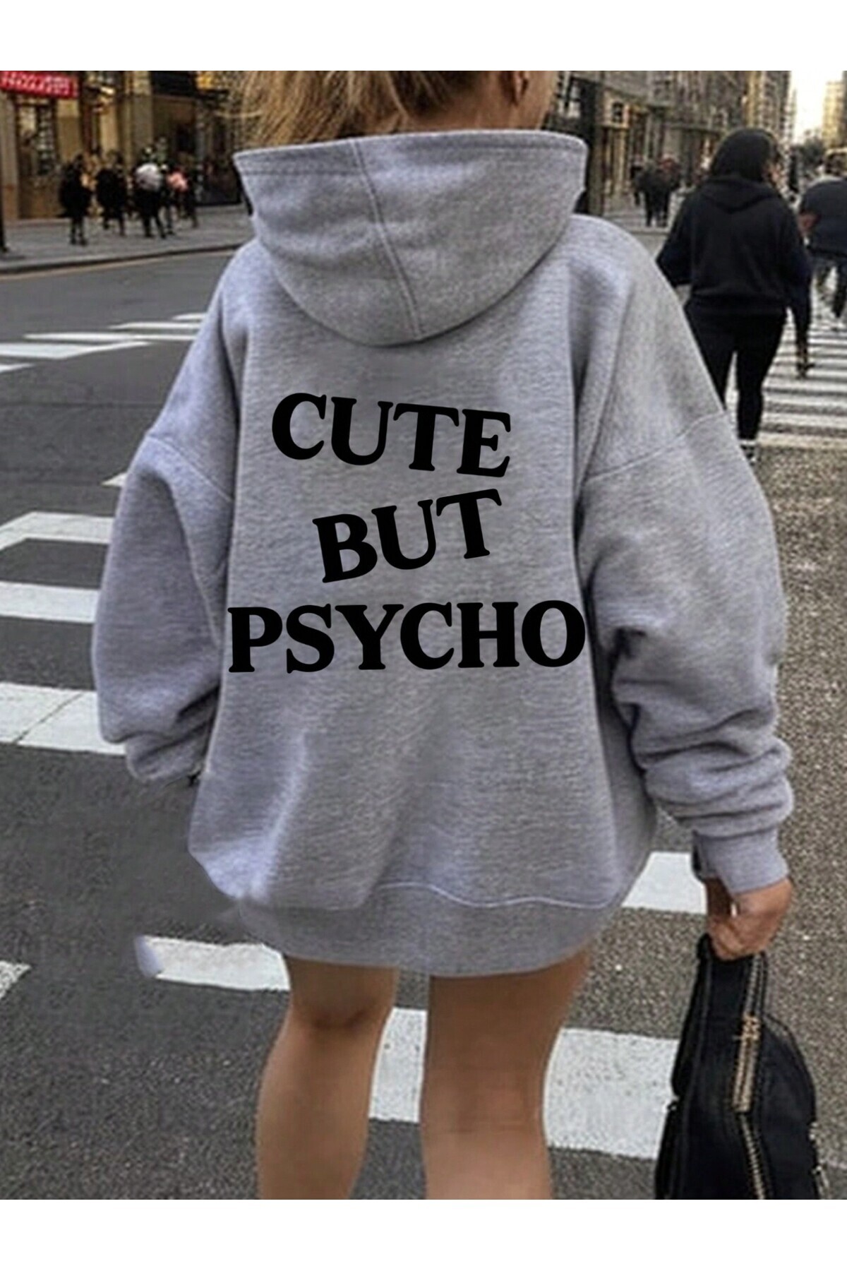Pink Sky cute but psycho arka baskılı gri kapüşonlu sweatshirt hoodie