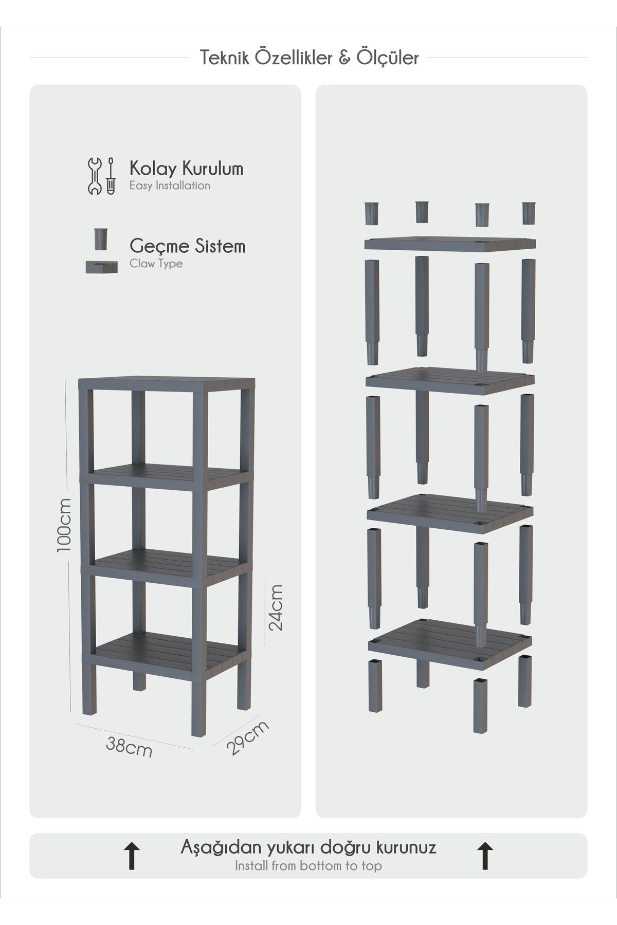 Tiklasende-Ombeg 4 Tiers Modular Shelf Bathroom Cabinet Gray Kitchen Balcony Living Room Garden Cabinet Practical Assembly 5