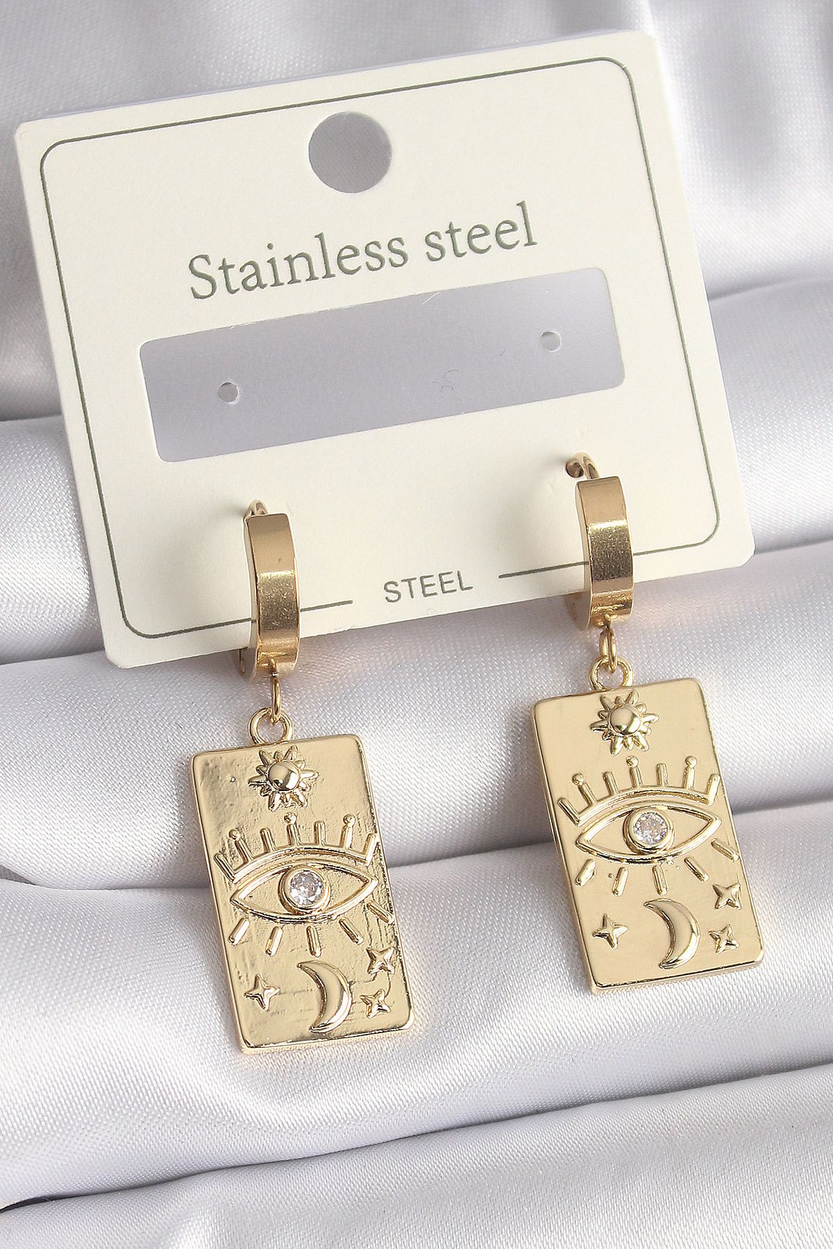 New Things 316L Çelik Gold Renk Zirkon Taşlı Göz İşleme Detay Plaka Model Kadın Küpe