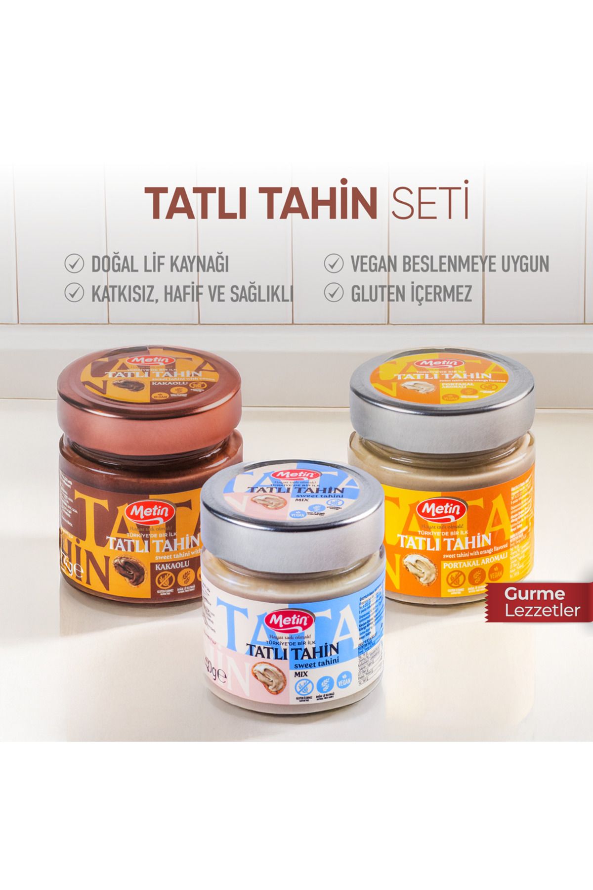 METIN Tatlı Tahin Seti- Sade- Kakaolu - Portakallı - Glutensiz ve Vegan Sürülebilir Tahin