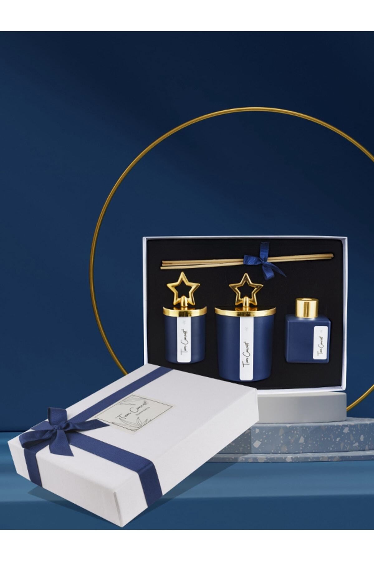Elioure Okyanus Kokulu Gold Tüplü 3'lü Bardak Mum ve Oda Kokusu Seti, Lacivert