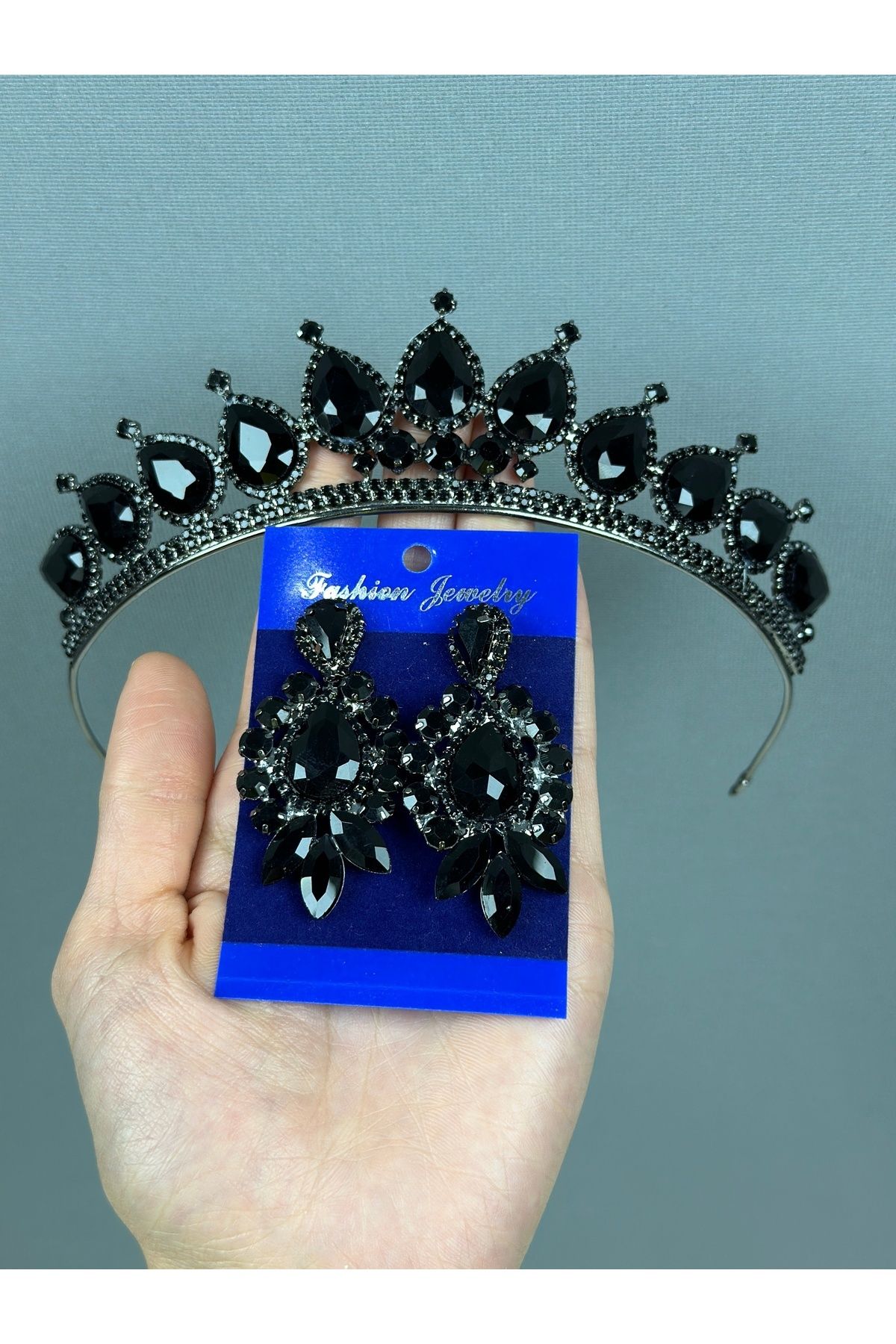 Hayalperest boncuk-Black Neri Model Wedding Costume - Crown and Shuttle Drop Earring Set 2