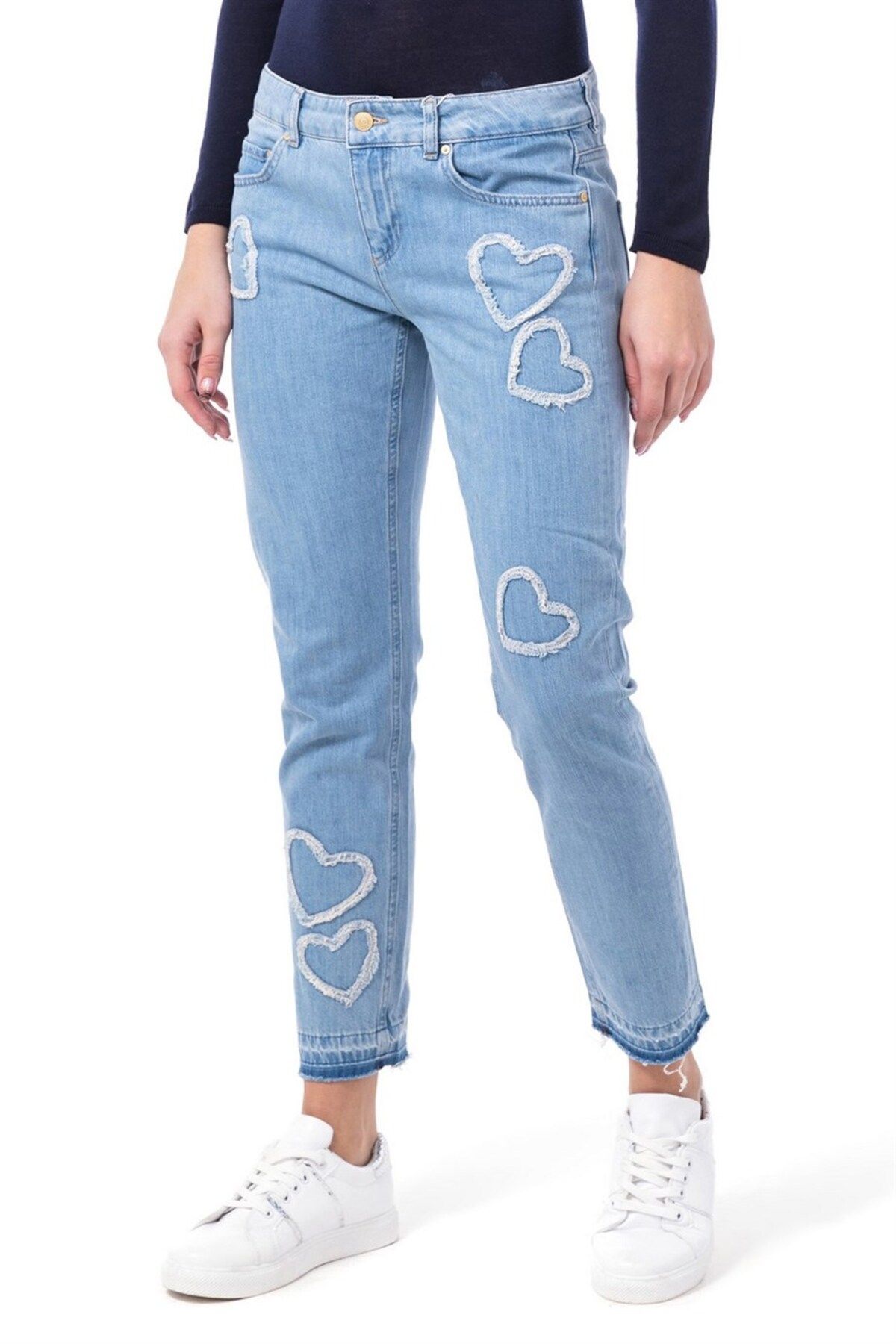 Escada-Heart Embroidered Cut-Cut Blue Cotton Jean Trousers 3