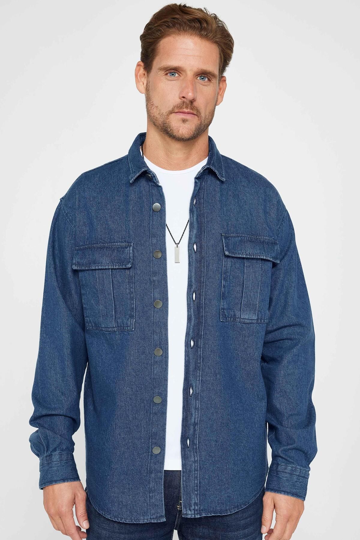 Tudors-Unisex Indigo Denim Overshirt - Relaxed Fit, Double Pockets, Style Shirt 3