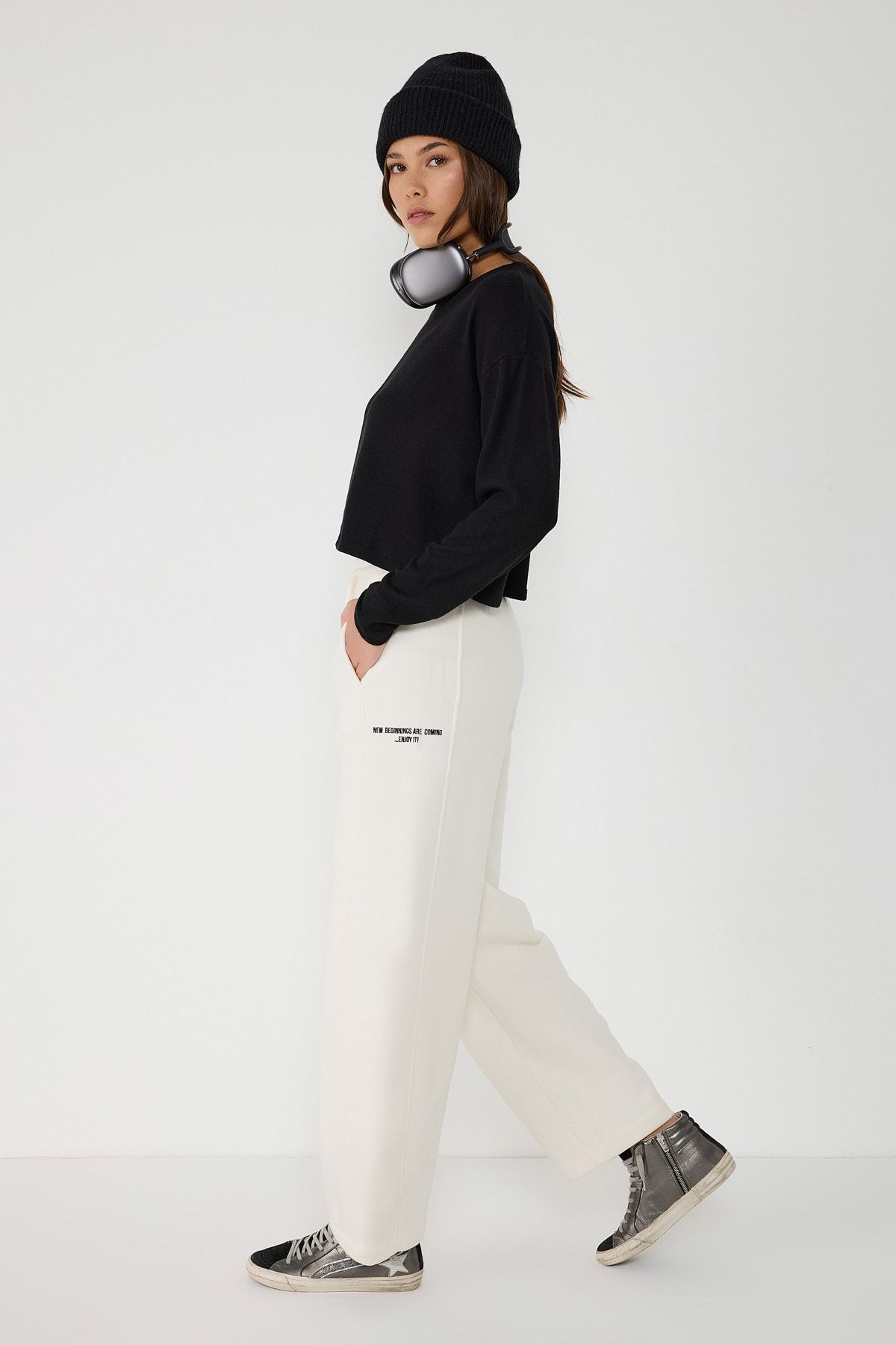 No Matter What-Ecru High-Waisted Wide Leg Sweatpants with Detailed Writing 5