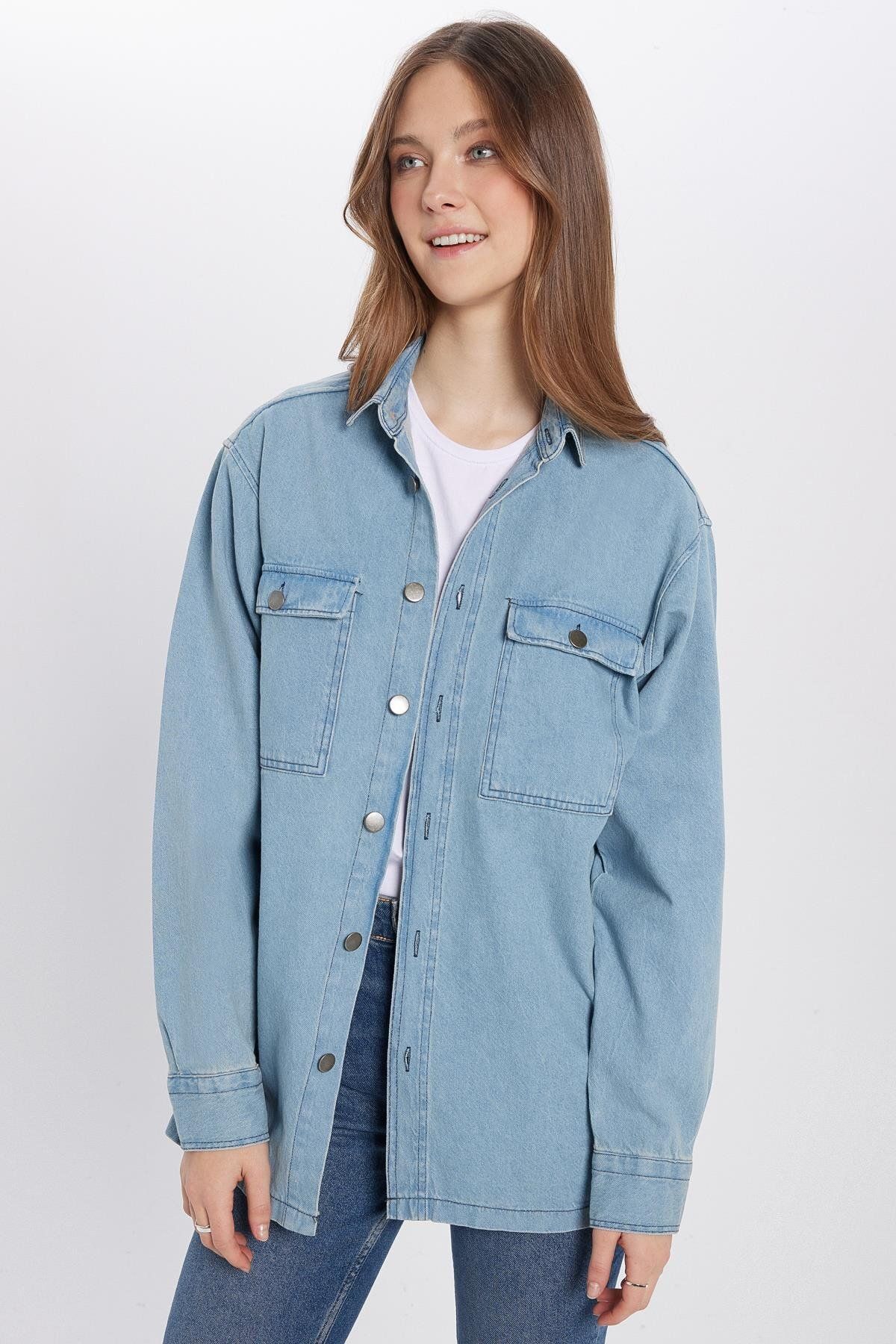 Tudors-Unisex Oversize Wide Cut Denim Double Pocket Blue Overshirt Jacket Style Shirt 2