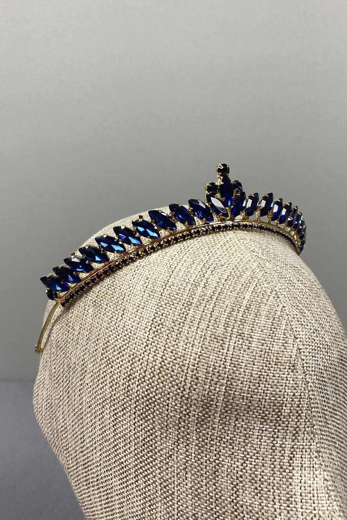 Limelia-Navy Blue Gold Ece Model Thin Bridal Crown 3