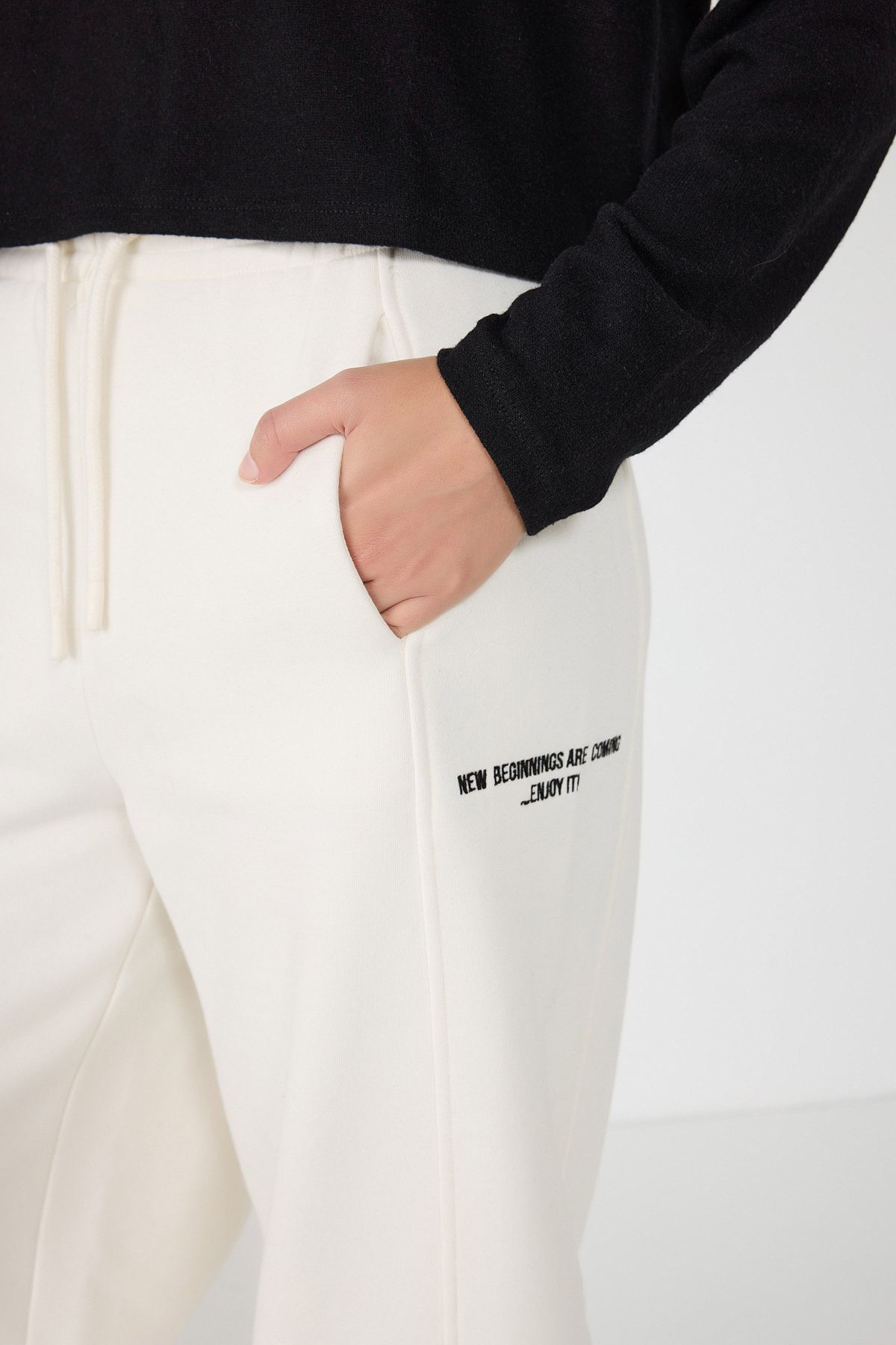 No Matter What-Ecru High-Waisted Wide Leg Sweatpants with Detailed Writing 3
