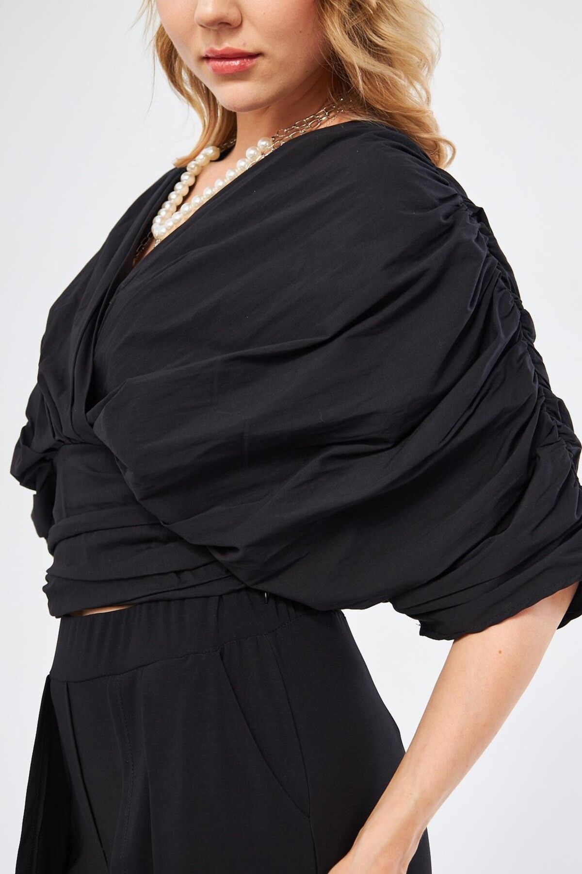 LAMANTE-Draped Cross Collar Black Blouse 7