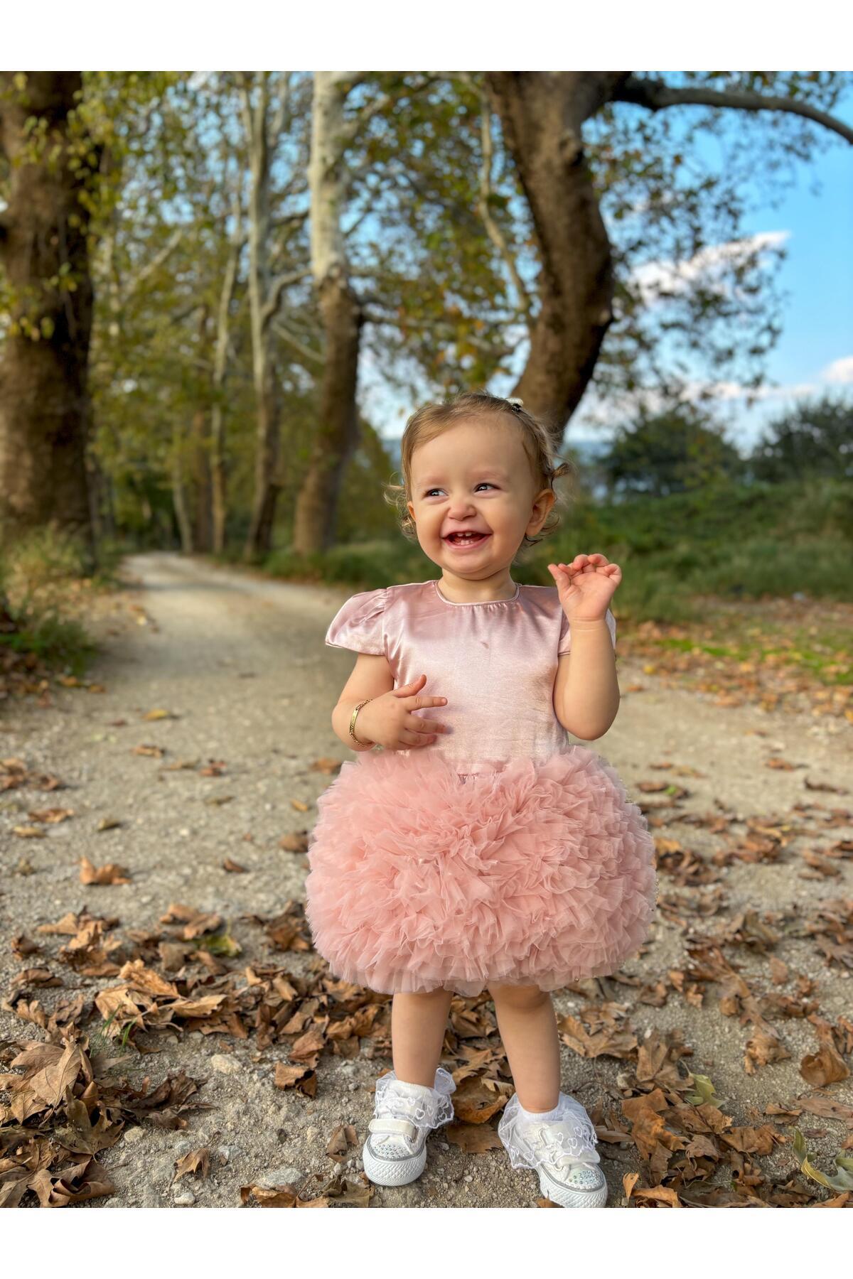 ALYRA Kız Bebek Çocuk Kısa Kollu Tüllü Tütü Özel Gün Prenses Saten Elbise fotoğrafı 6 (önizleme)