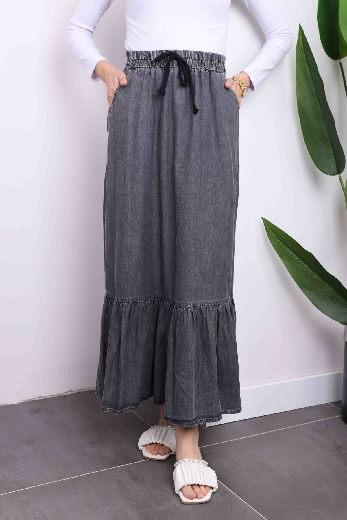 İmajButik-Anthracite Hem Layered Denim Skirt 2