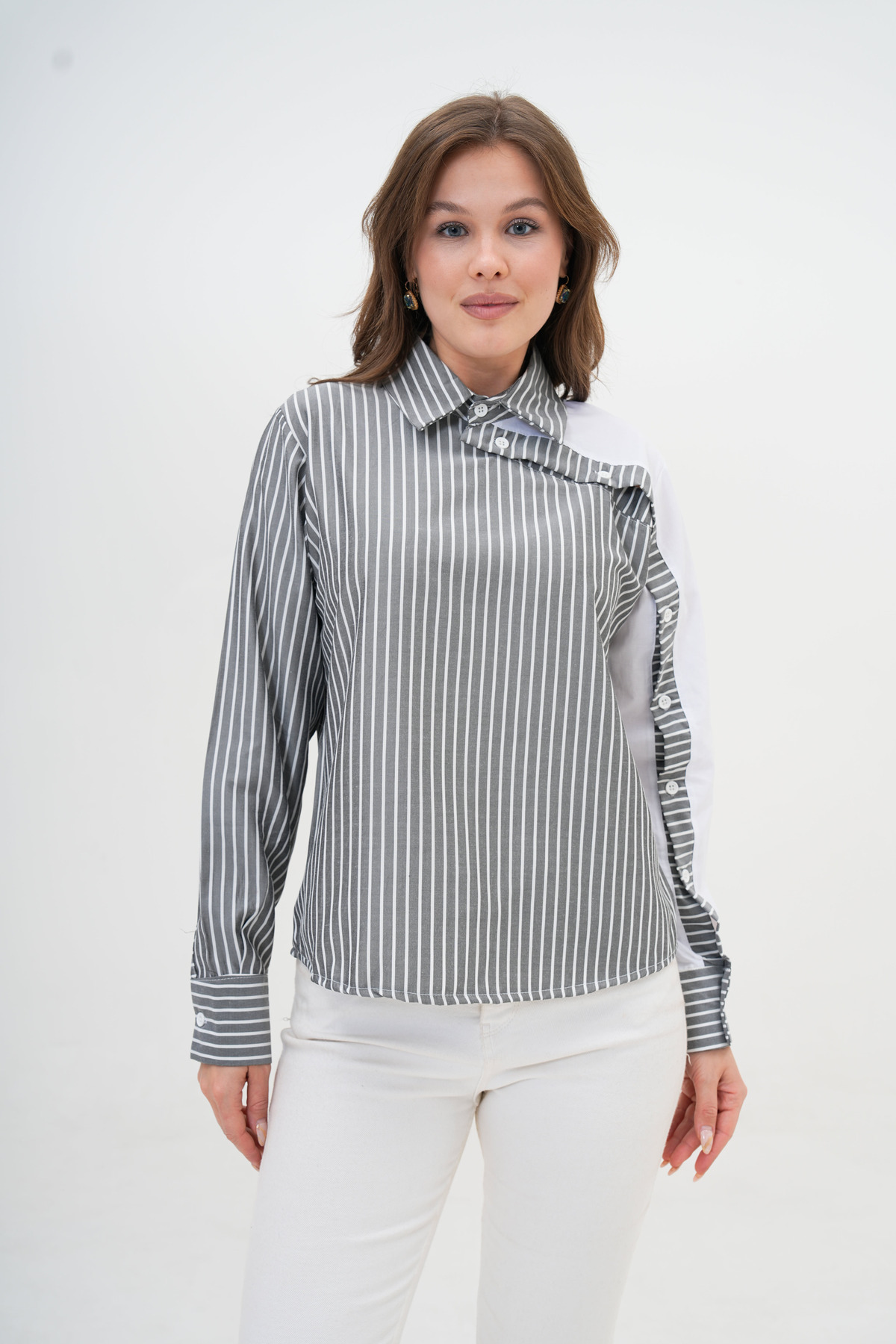 Women's Custom Design Collar Cufflinked Line Garnish Blouse Size Cotton Shirt