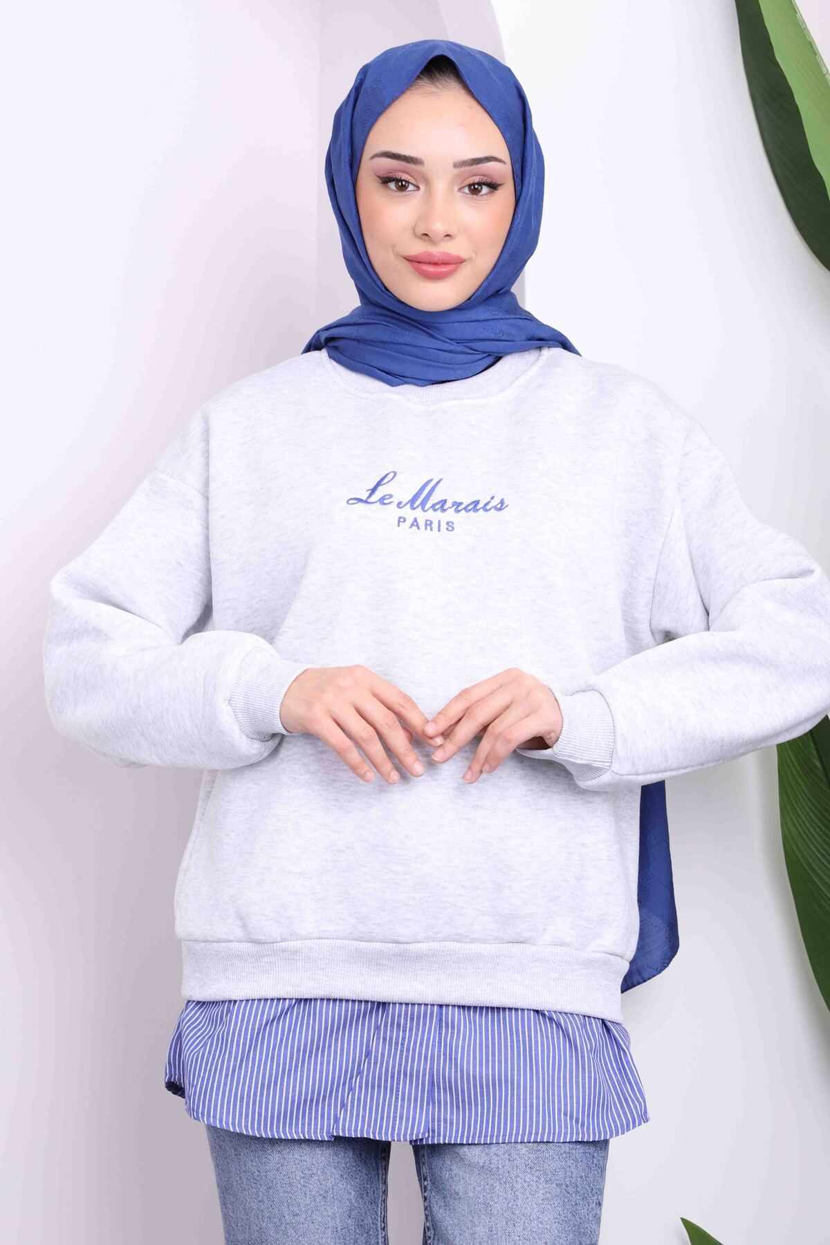 İmajButik-Gray Embroidered Three Thread Sweat 1