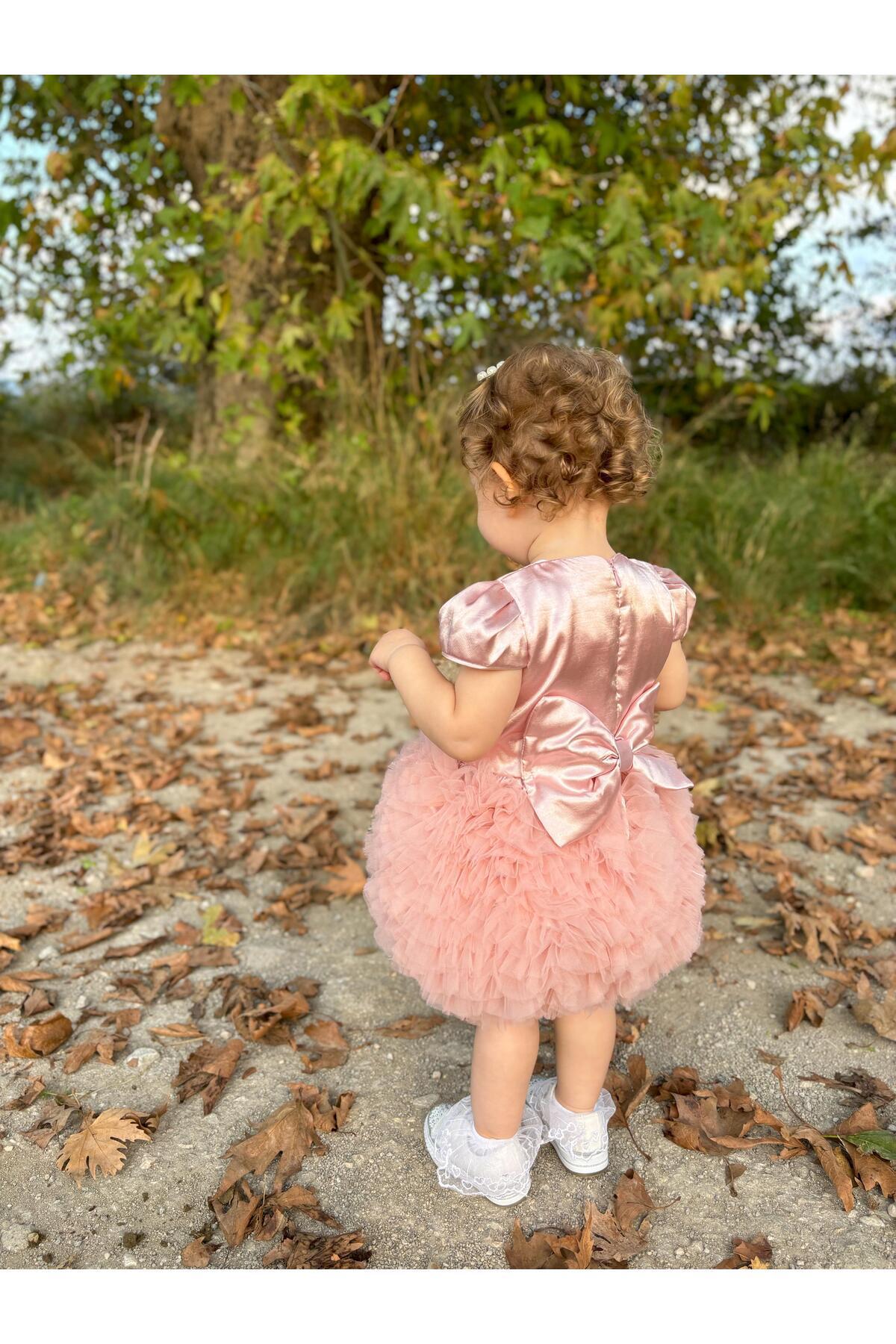 ALYRA Kız Bebek Çocuk Kısa Kollu Tüllü Tütü Özel Gün Prenses Saten Elbise fotoğrafı 4 (önizleme)