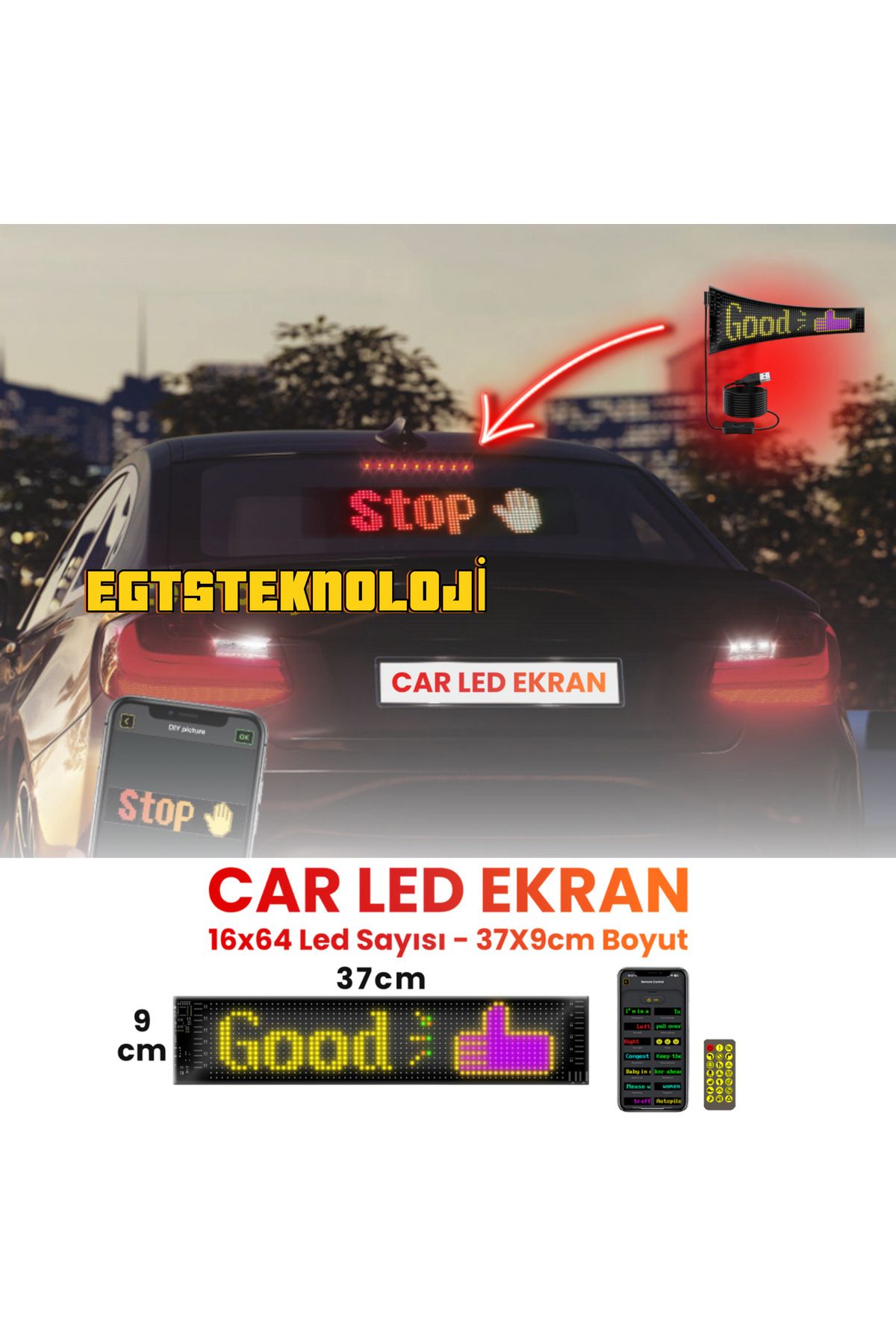 EGTS Kişiselleştirilebilir Matrix Car LED Ekran (37x9cm)