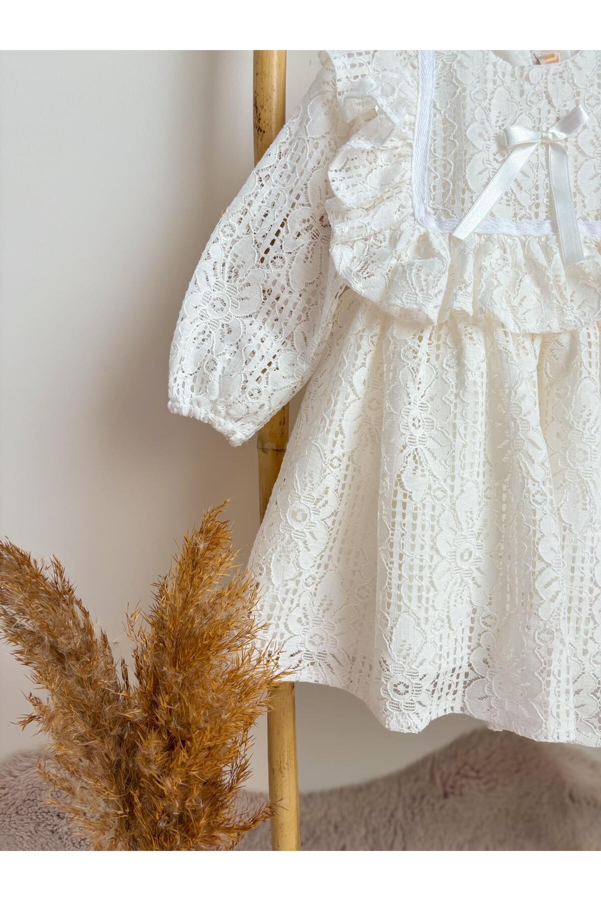 ALYRA Kız Bebek Çocuk Uzun Kollu Dantelli Fiyonklu Fırfırlı Parti Düğün Doğum Günü Bayramlık Elbise fotoğrafı 4 (önizleme)