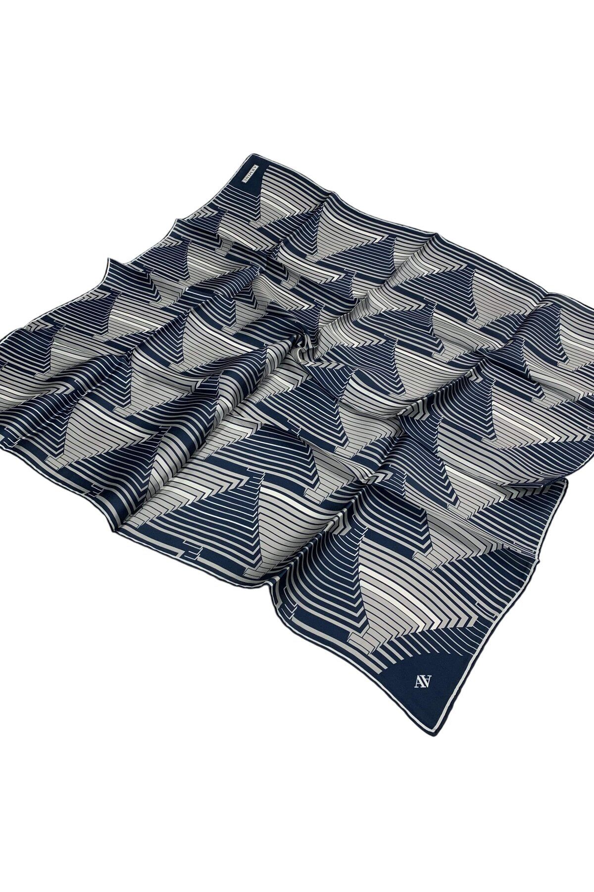 Armine-2025 Winter Silk Scarf - 9218-03 Navy Blue Grey Twill 1