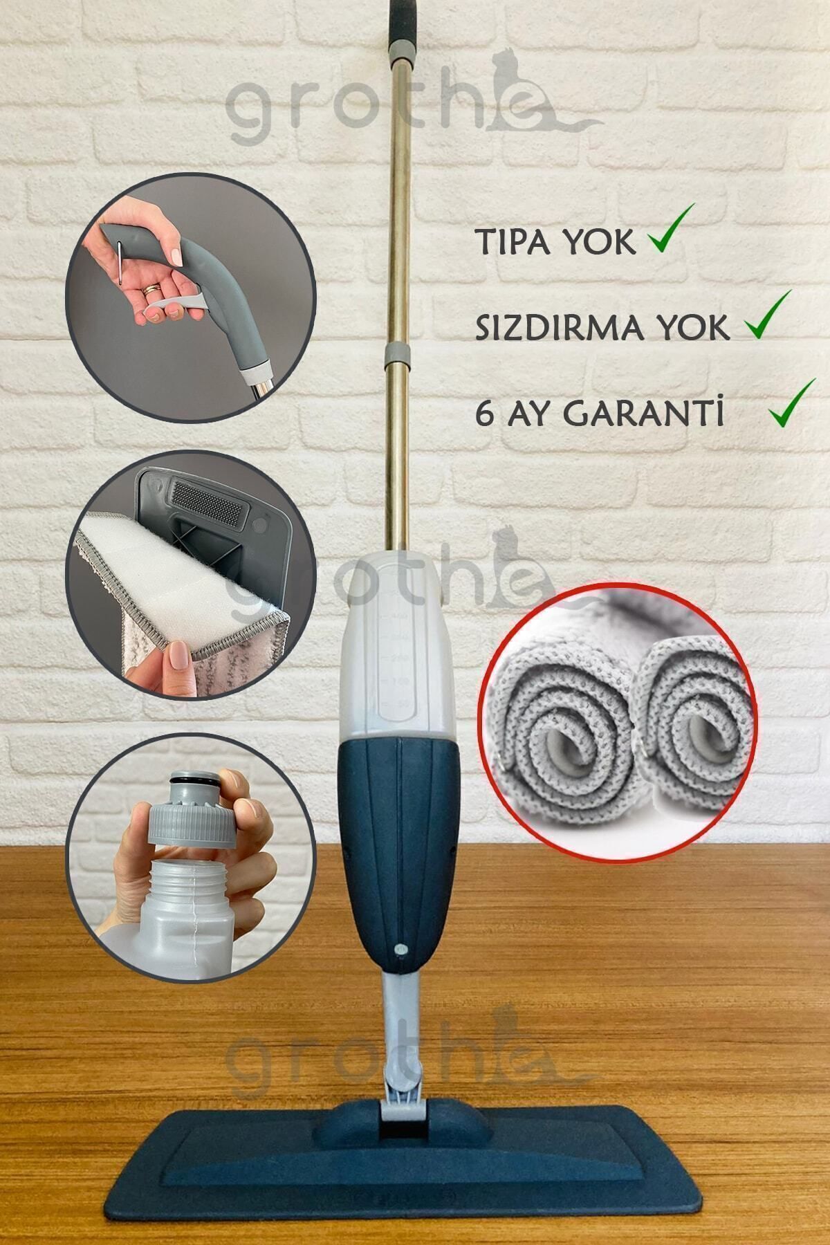 Grothe Wipe Sprey Mop Gri - Tıpasız Sistem -2 Mop Bezli - Üretici Garantili - 700 Cc Su Hazneli