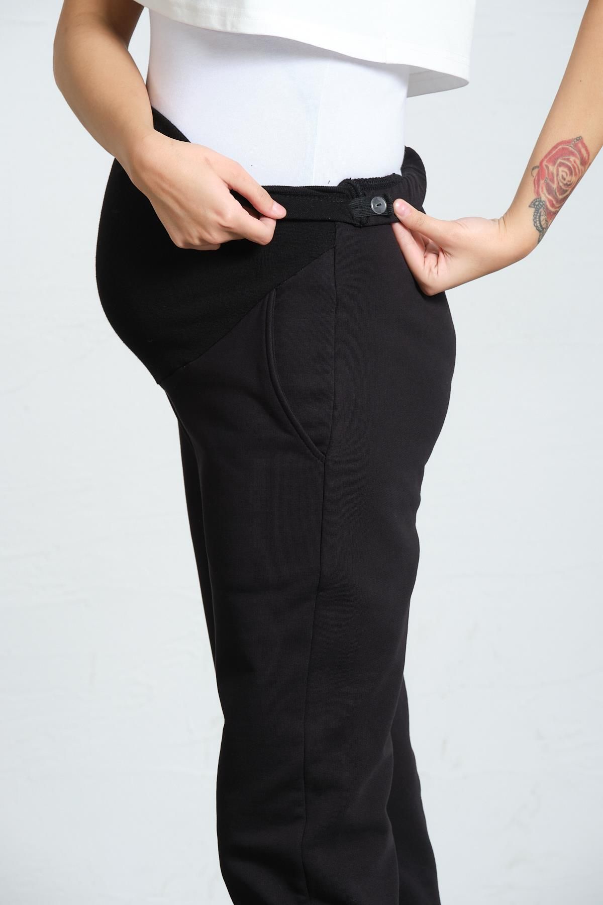 BUSA-Black Maternity Sweatpants with Stretchy and Mom Fit - Adjustable Abdominal Band 7