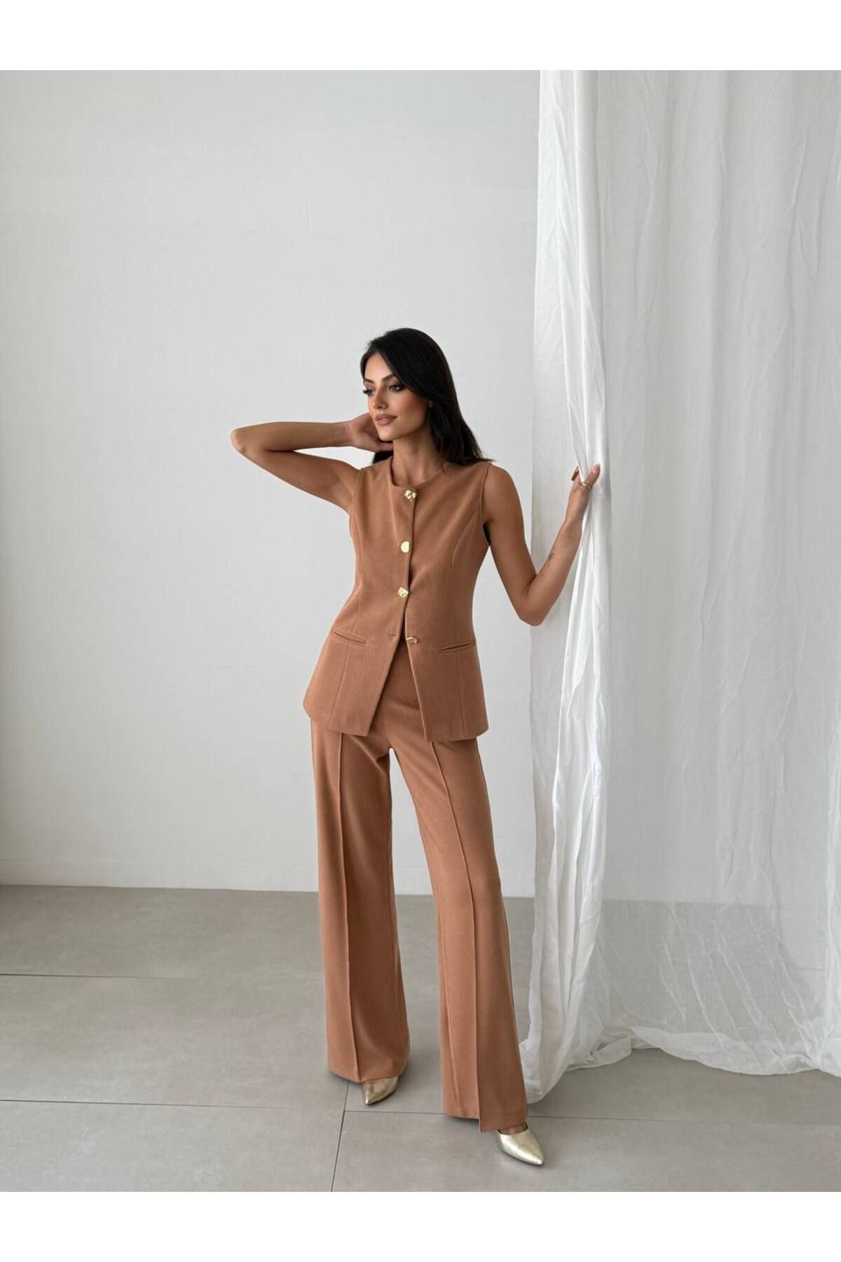 Pienk-Brown Elastic Waist Women's Vest Pants Suit 4