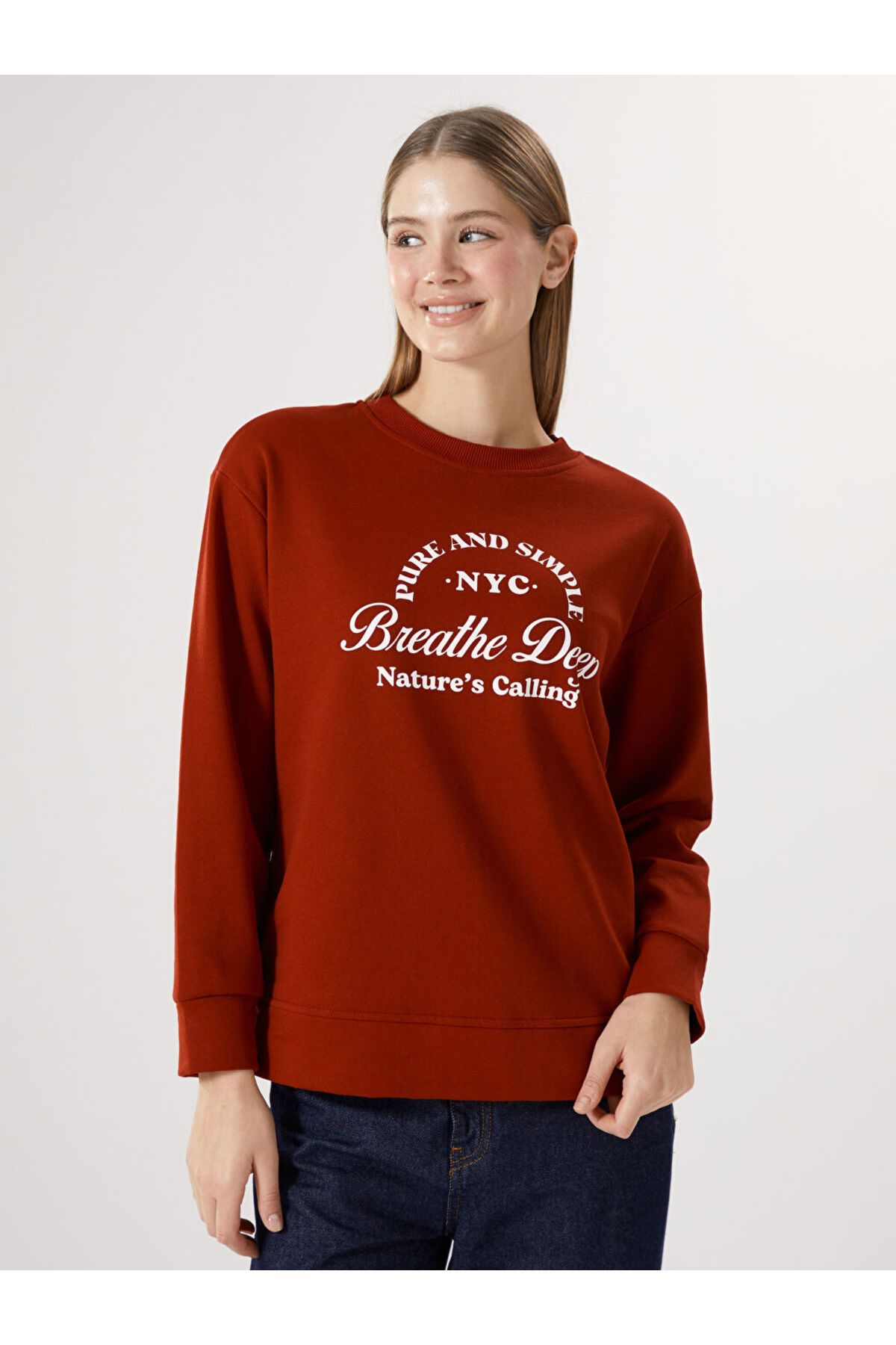 LC Waikiki Bisiklet Yaka Baskılı Oversize Kadın Kalın Sweatshirt