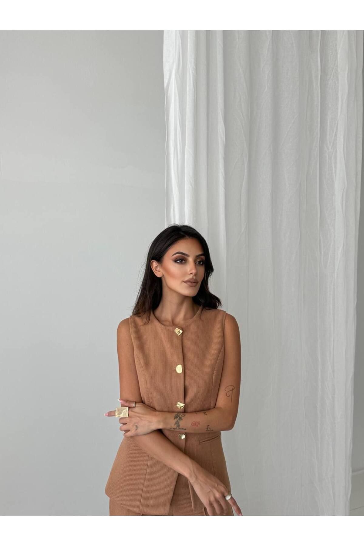 Pienk-Brown Elastic Waist Women's Vest Pants Suit 5