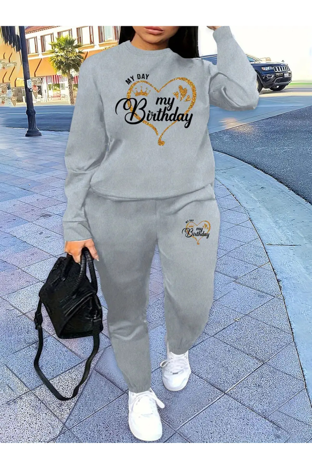 HOFFNUNG Birthday Baskılı Bisiklet Yaka Alt Üst Takım Oversize Eşofman Takımı