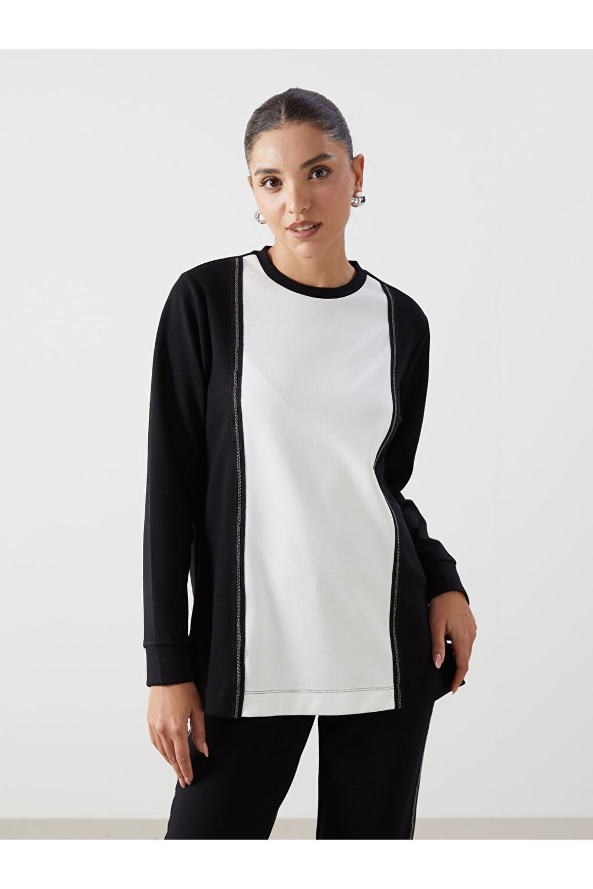 LC Waikiki Bisiklet Yaka Renk Bloklu Kadın Sweatshirt Tunik