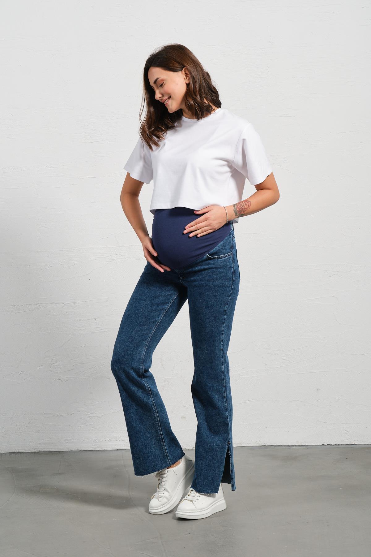 BUSA Hamile Esnek Karın Bantlı Bol Paça Beli Ayarlanabilir Kot Pantolon MAVİ fotoğrafı 4 (önizleme)