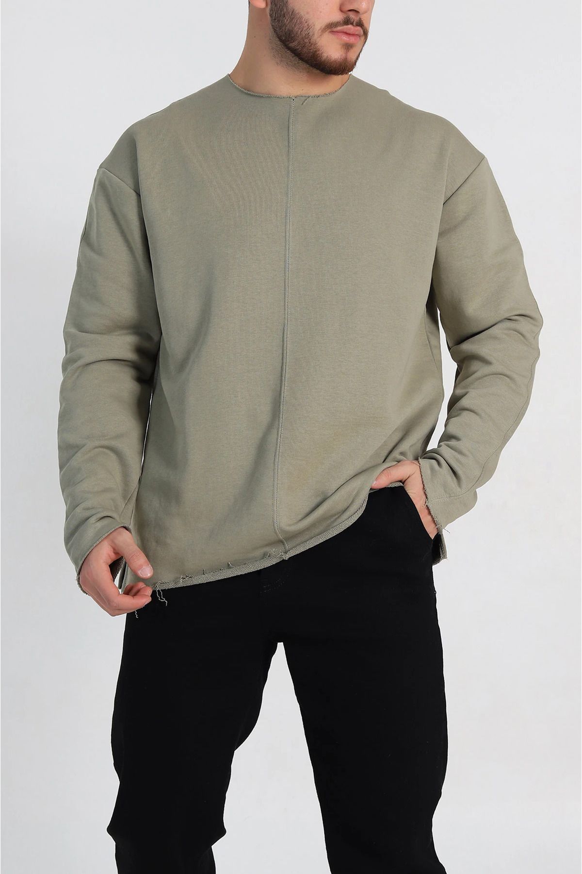 vuvutasarım-New Season Green Oversize Two Rope Rasterless Wide Ripped Collar Men's Sweatshirt 4