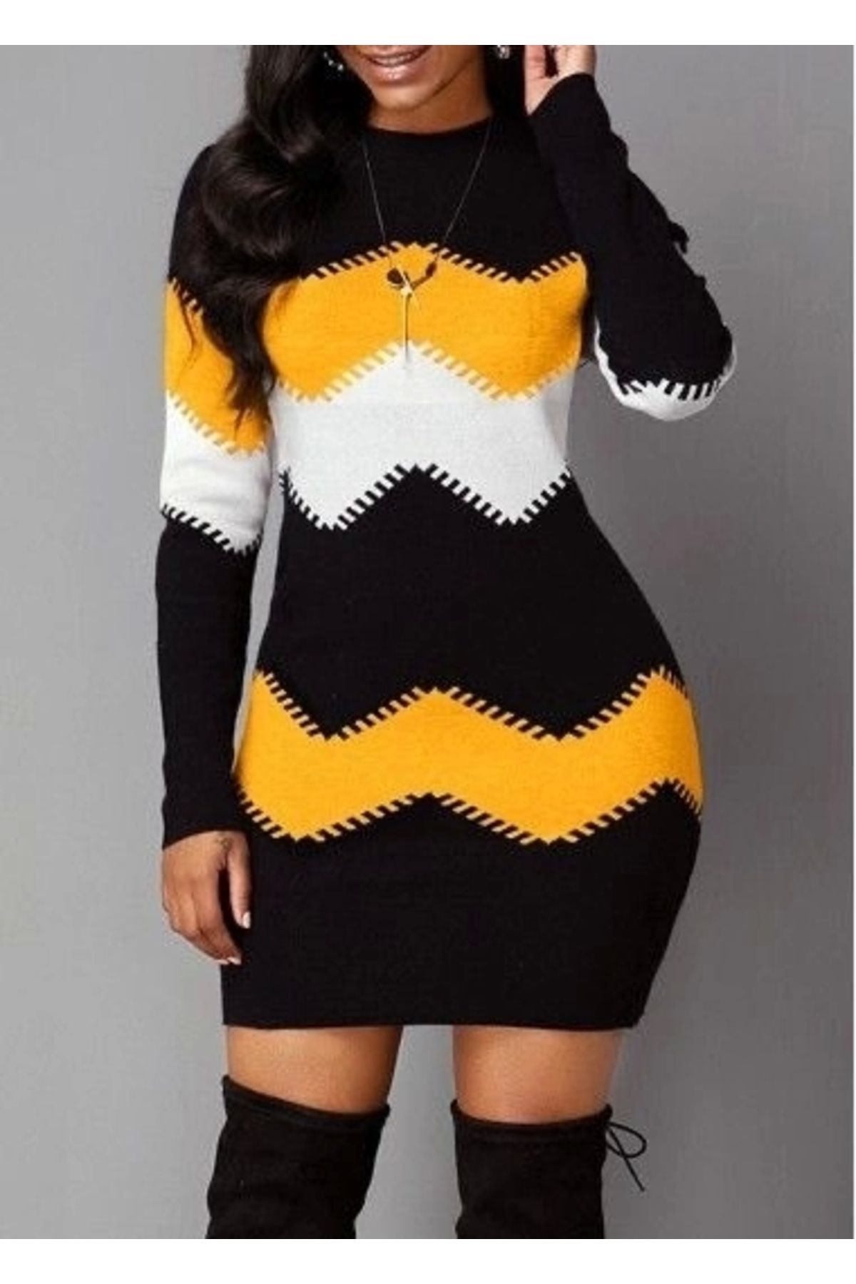 Bengü Accessories-Women's Long Sleeve Crew Neck Knitwear Dress 1