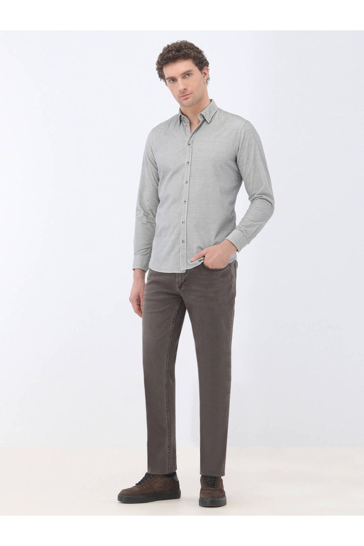 Kip-Gray Corduroy Regular Fit Woven Velvet Casual 100% Cotton Shirt 2