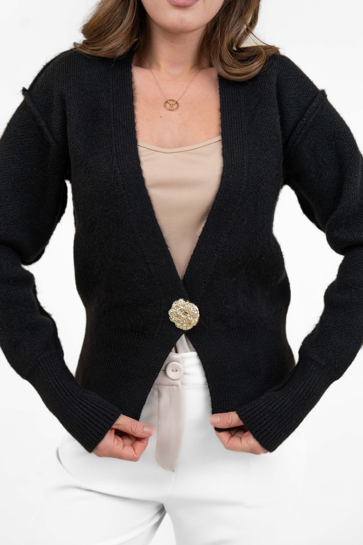 WOMAN VISION-Single Button Detailed Low-Cut Long Sleeve Reverse Stitching Black Knitwear Cardigan 3481 6