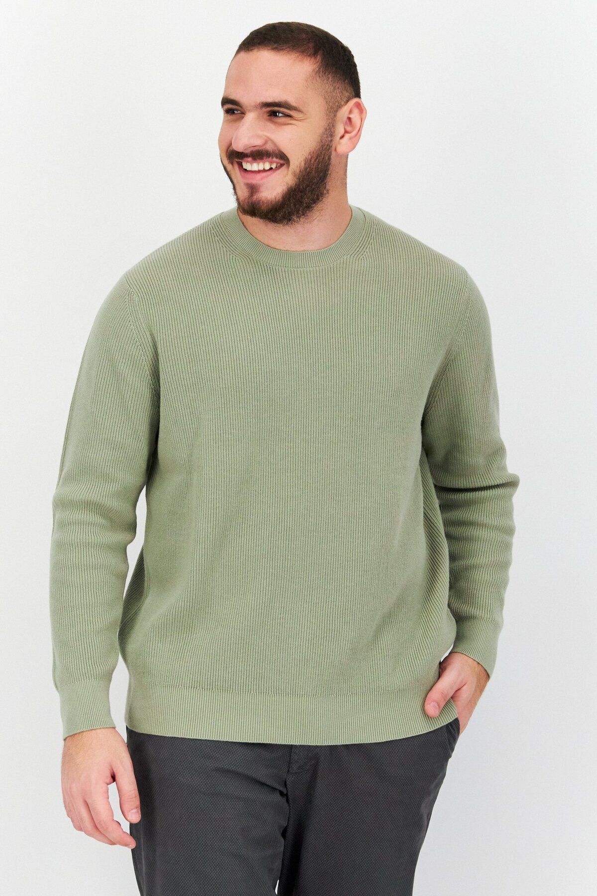 CELIO-Men Crew Neck Knitted Sweater, Light Sage 1