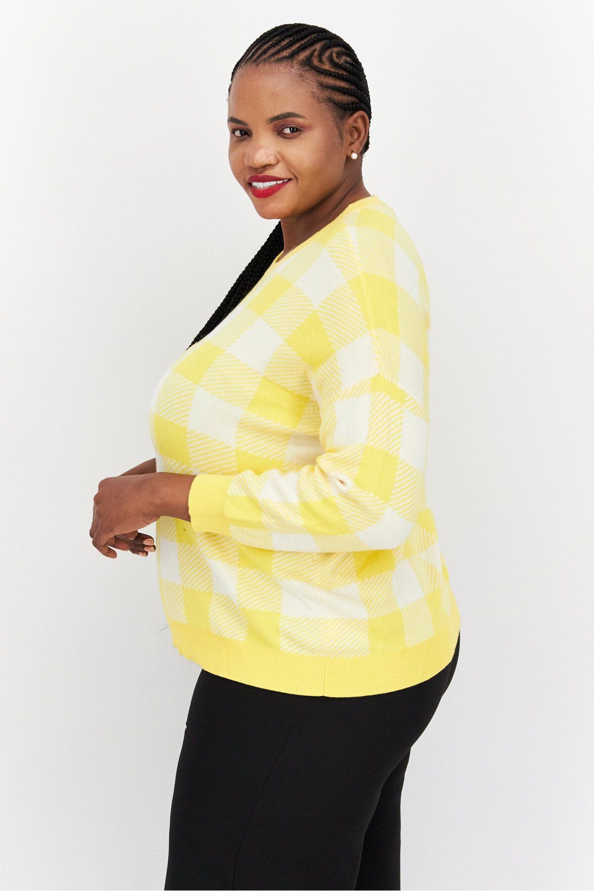 Jones of New York-Women Crew Neck Long Sleeve Checkered Sweater, Yellow 2