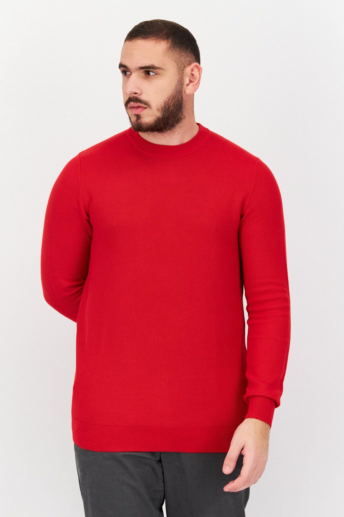 CELIO-Men Crew Neck Knitted Long Sleeves Sweater, Red 1