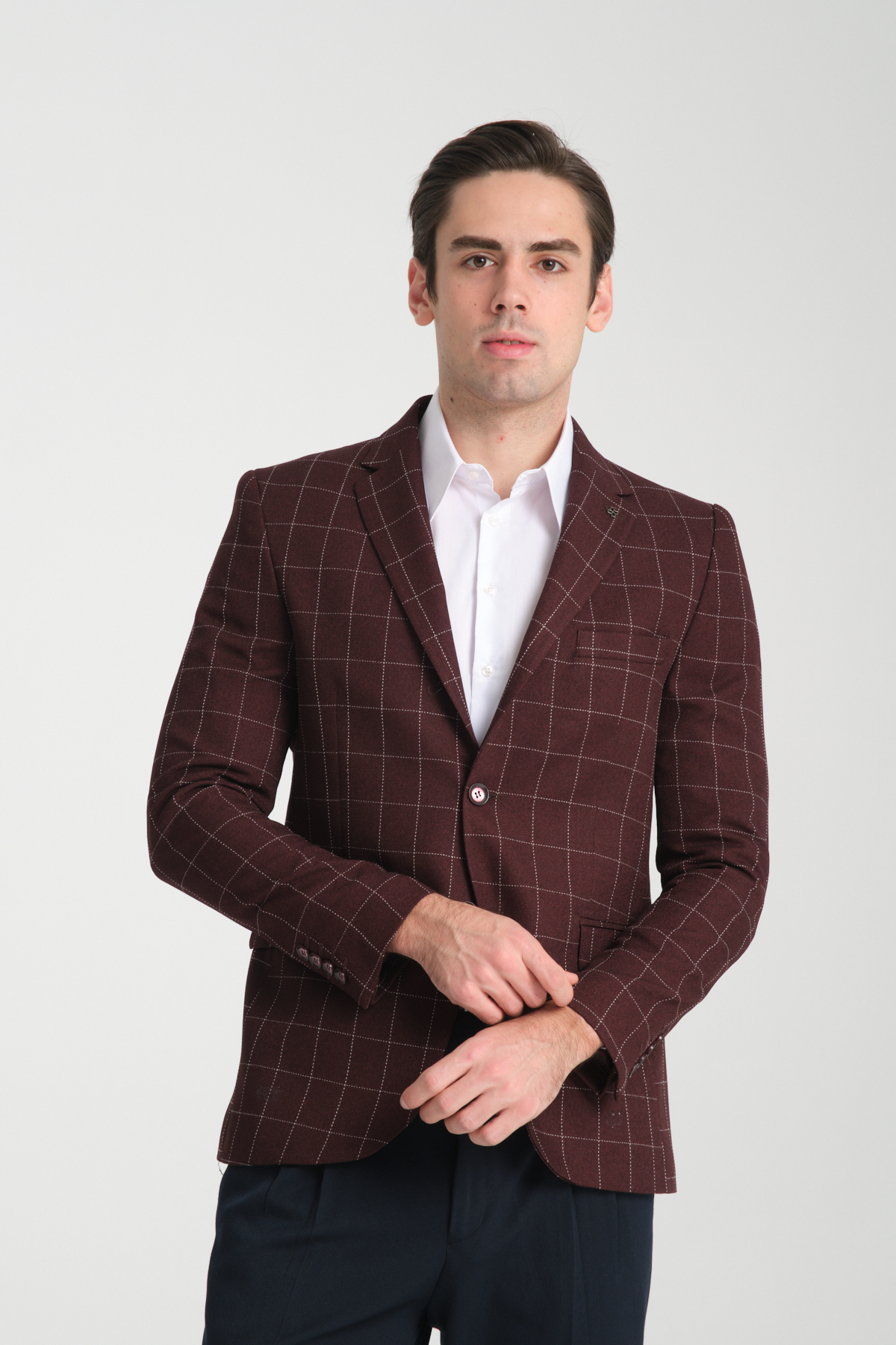 Frappoli  Paride Erkek Bordo Ekose Slim Fit Mono Yaka Spor Blazer Ceket - Görsel 4