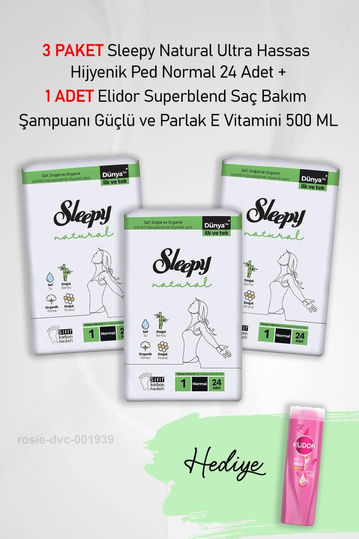 Sleepy Natural Hijyenik Ped Normal 24 Adet X3 ve Hediye Elidor Şampuan 500 ML