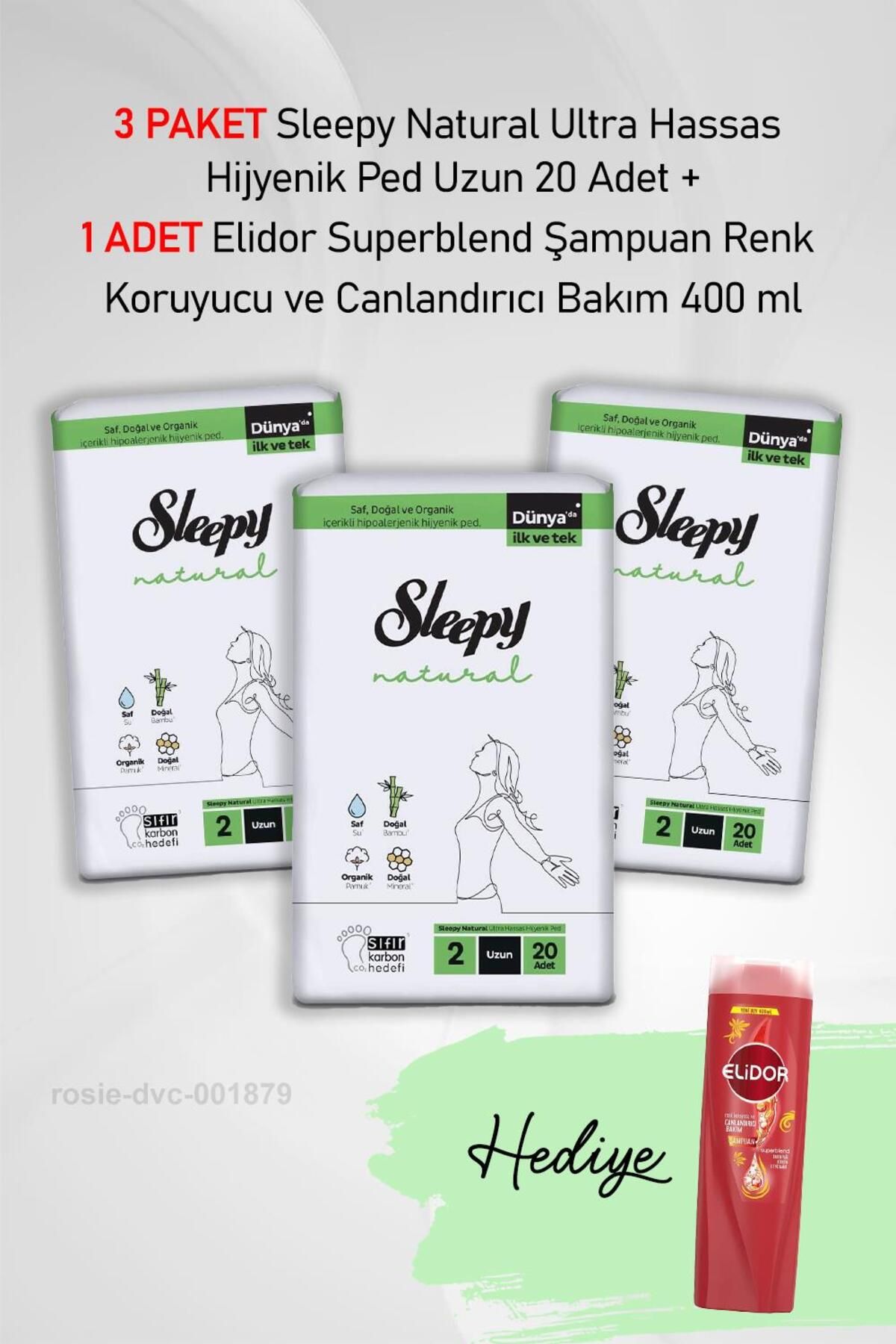 Sleepy Natural Ultra Hassas Hijyenik Ped Uzun 20 Adet X3 ve Hediye Elidor 400 ml