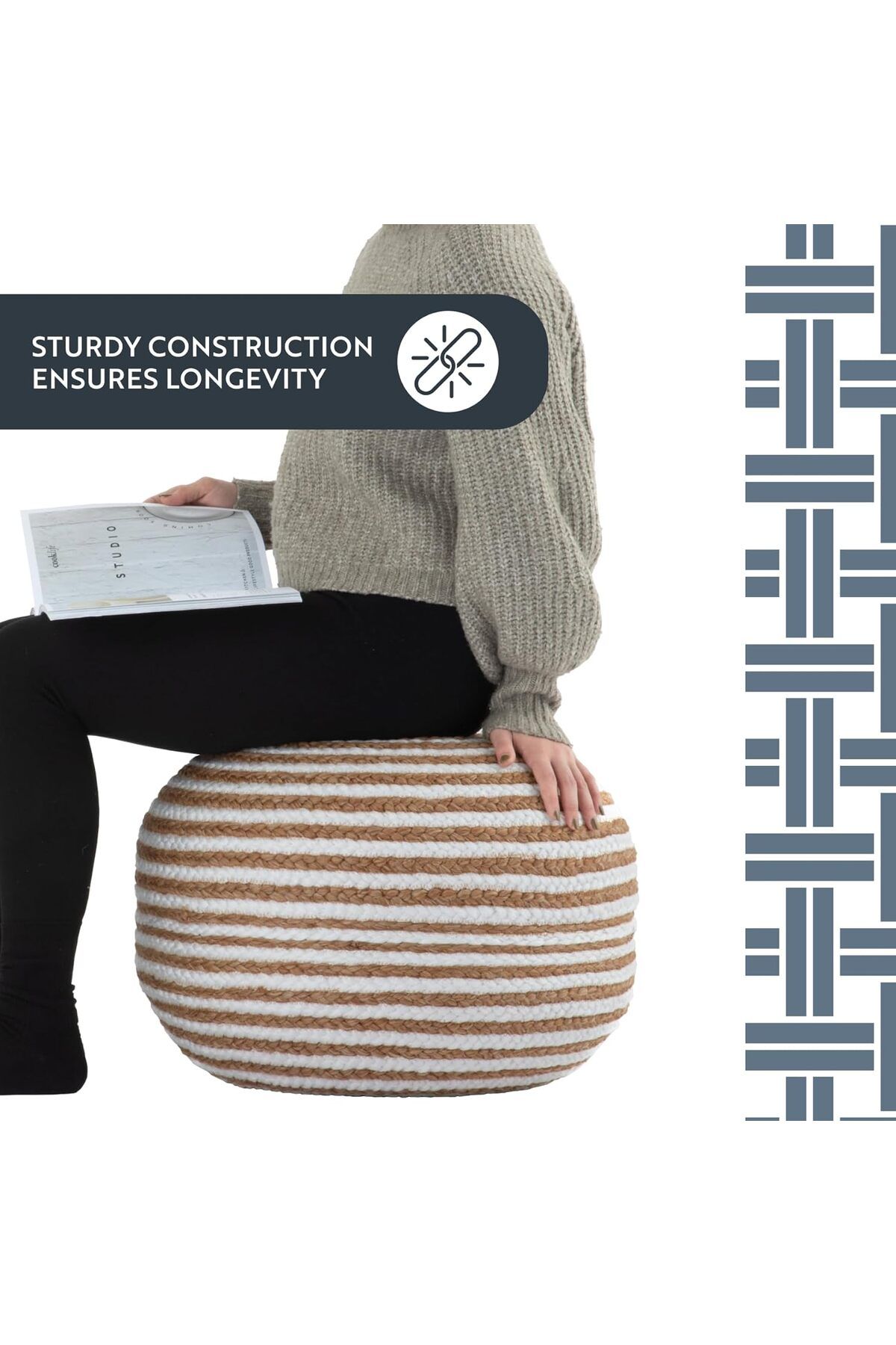 dekorist-Runder osmanischer Pouf Fußhocker Jute Pouffe Hocker Sitzkissen Boho Home Decor Extra Sitzgelegenheit P 5